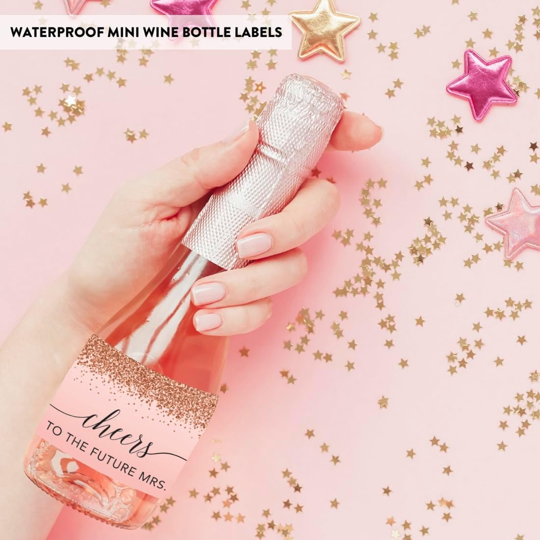 Andaz Press Mini Champagne Wine Bottle Labels, Cheers! to The Future Mrs., Blush Pink Faux Rose Gold Glitter, 20-Pack, Bridesmaid Champagne Label Mini Champagne Bottle Labels Bridal Shower