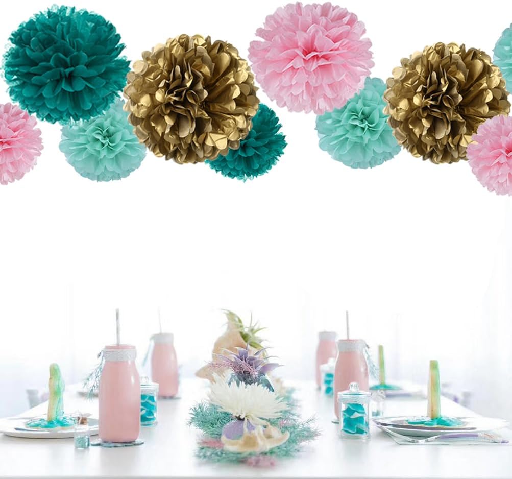 Gold Teal Mint and Pink Paper Flower Tissue Pom Poms for Baby Shower Birthday Wedding Theme Party, 16pc