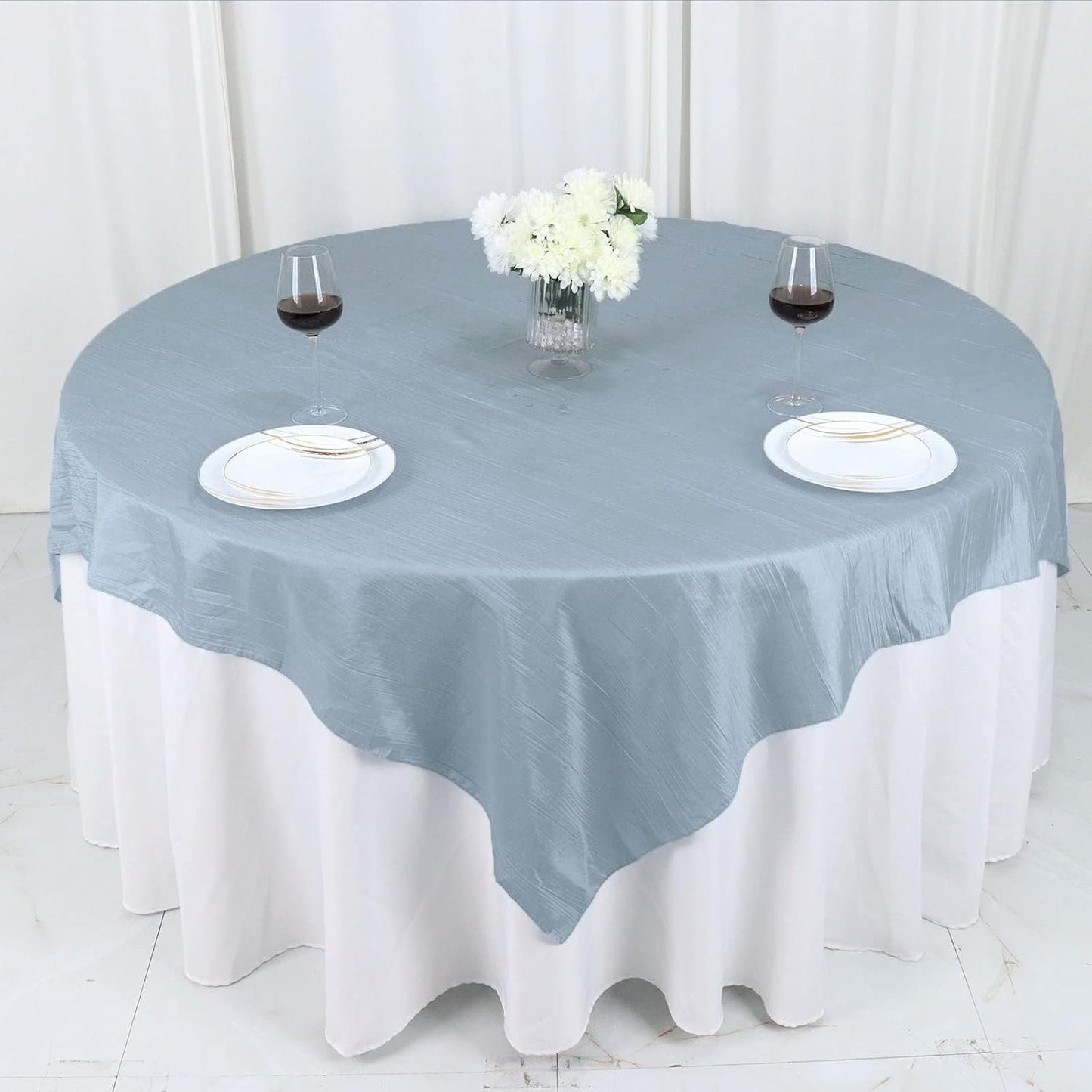 Tableclothsfactory 72"X72" Dusty Blue Accordion Crinkle Taffeta Table Overlay, Square Tablecloth Topper