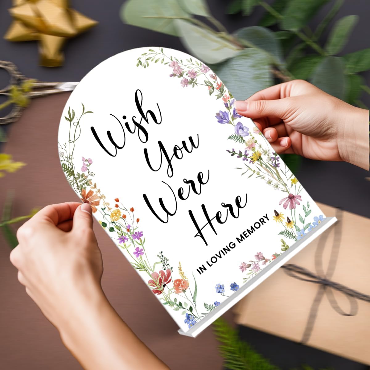 Acrylic Wedding Signs, Wish You Were Here Signs for Marriage Reception, Bridal Shower Decorations, Modern Arched Round Top Acrylic Table Top Sign with Holder for Wedding Party (White Wildflowers)