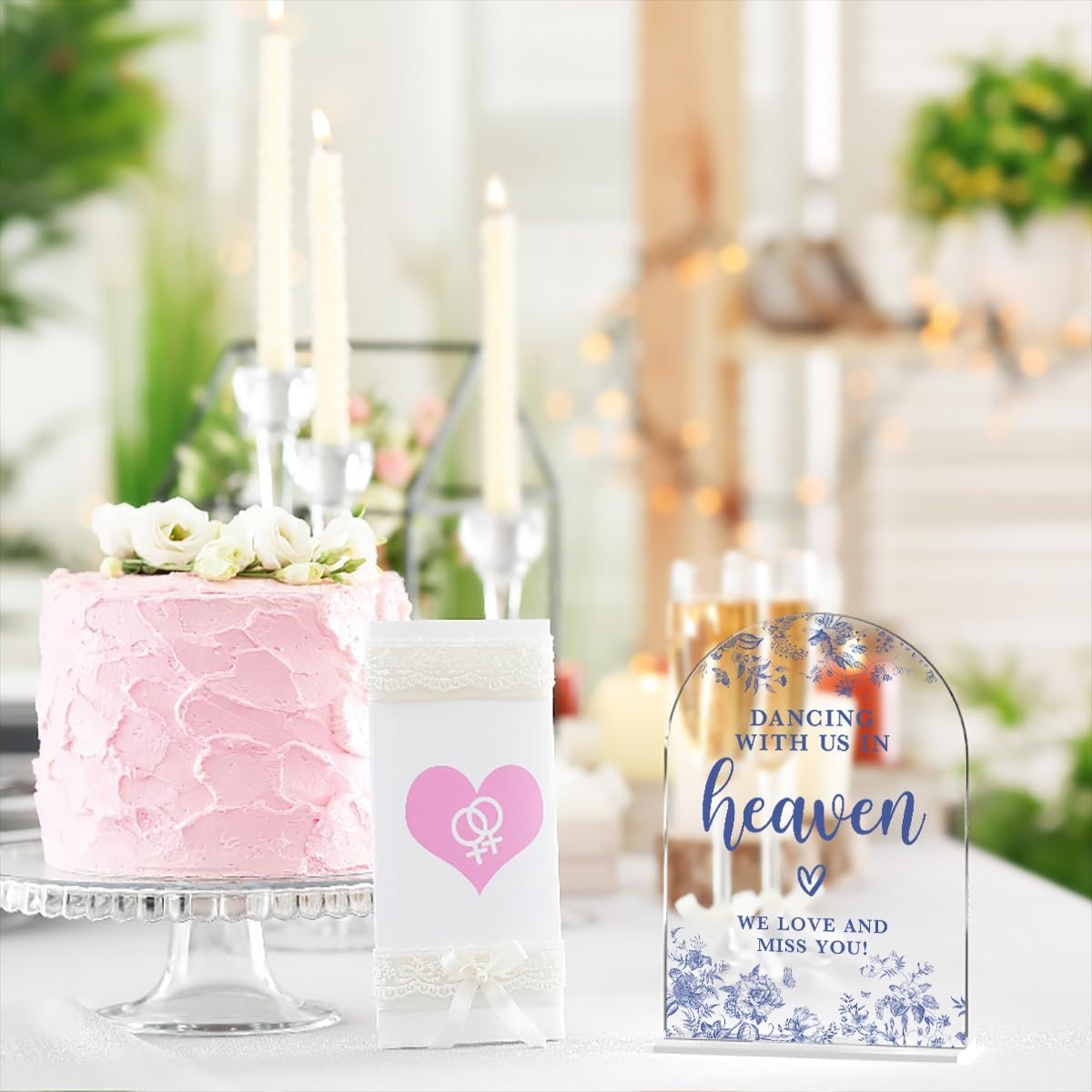 Acrylic Wedding Signs, Dusty Blue Wedding Decor, Blue Weddings Decor, Modern Calligraphy Arch Acrylic Table Top Sign for Weddings Parties Dinners - Dancing With Us in Heaven (Clear)