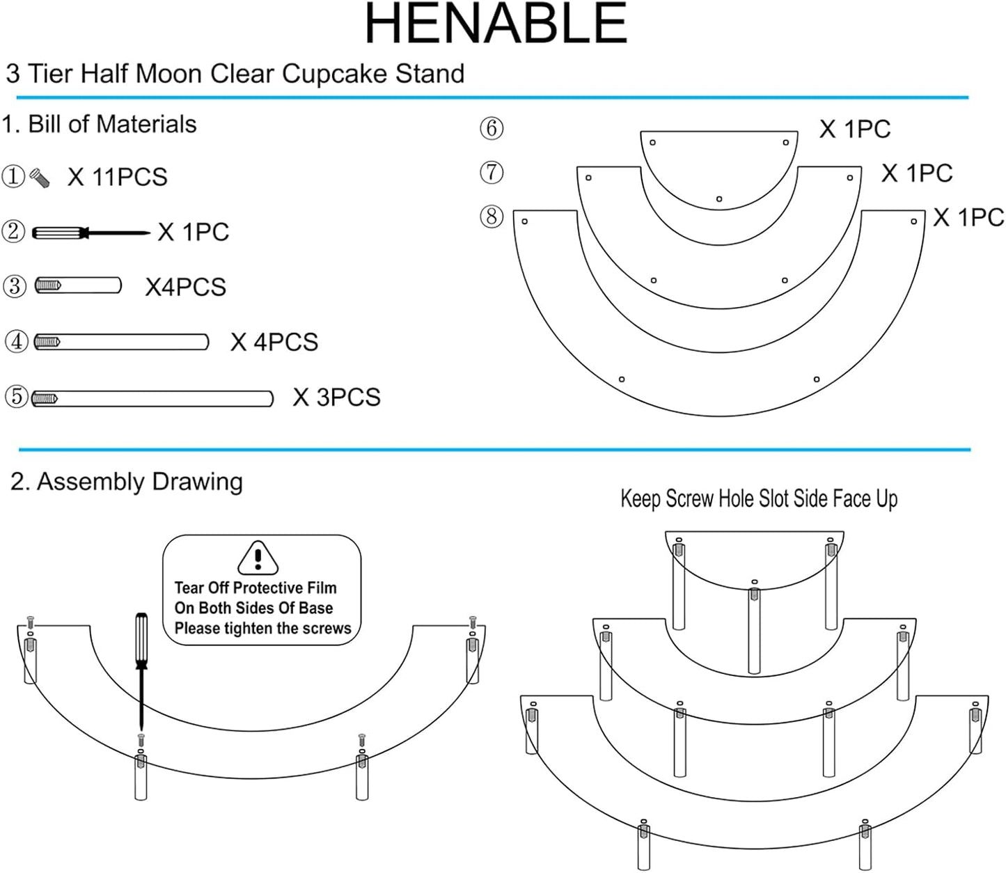2PACKS Acrylic Display Risers, 3 Tier Clear Cupcake Stand Risers, Perfume Stand Organizer, Half Moon Dessert Stand, HENABLE Shelf Risers for Display Stands for Food, Amiibo Funko POP Figure (2half moon)