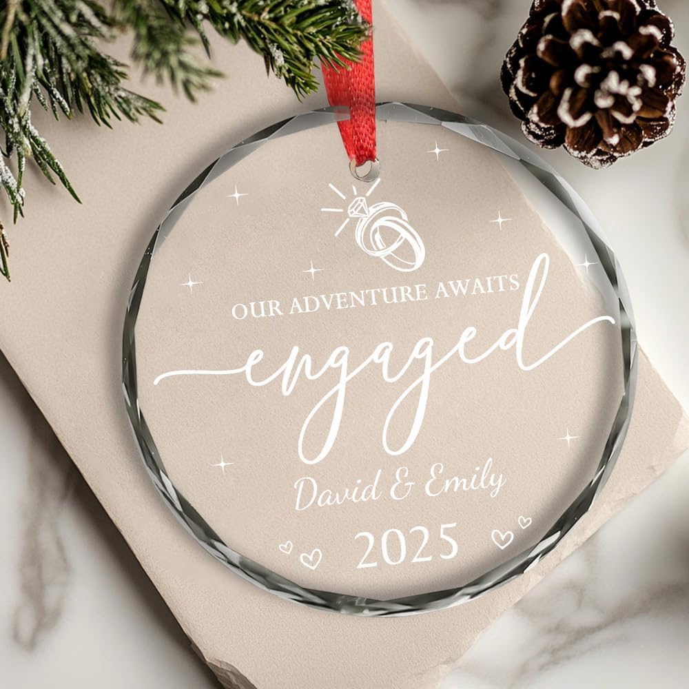 Personalized Engagement Gifts For Couples - Newly Engaged Couples Christmas Ornaments - Happy Engagement Ornament For Her, Bride, Bride To Be, Friends - Just Engaged Glass Ornament