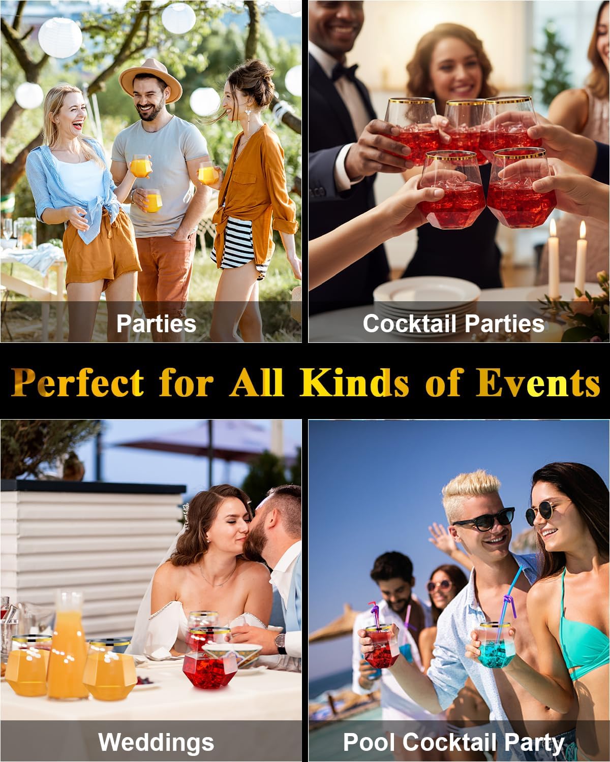40 PCS Clear & Gold Rim 12 Oz Plastic Wine Whiskey Glasses, Diamond Stemless Unbreakable Disposable Wine Glasses for Party, Ideal for Beach Holidays,Halloween, Christmas, Weddings,Daily Use