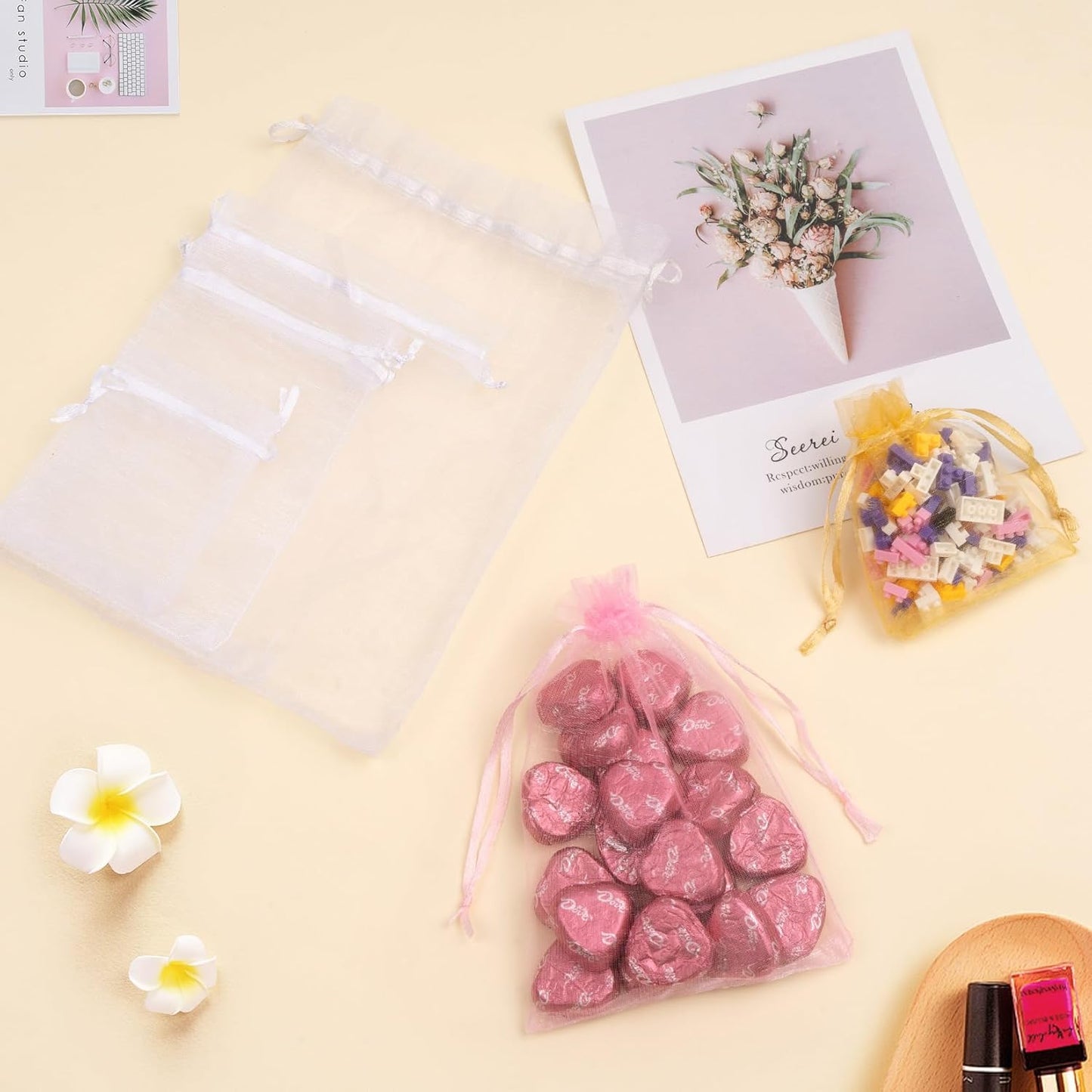 50 Pcs Pink Organza Bags 4x6 Inch, Jewelry Pouch Bags Small Mesh Bag Drawstring Gift Goody Bag for Party Favor Wedding