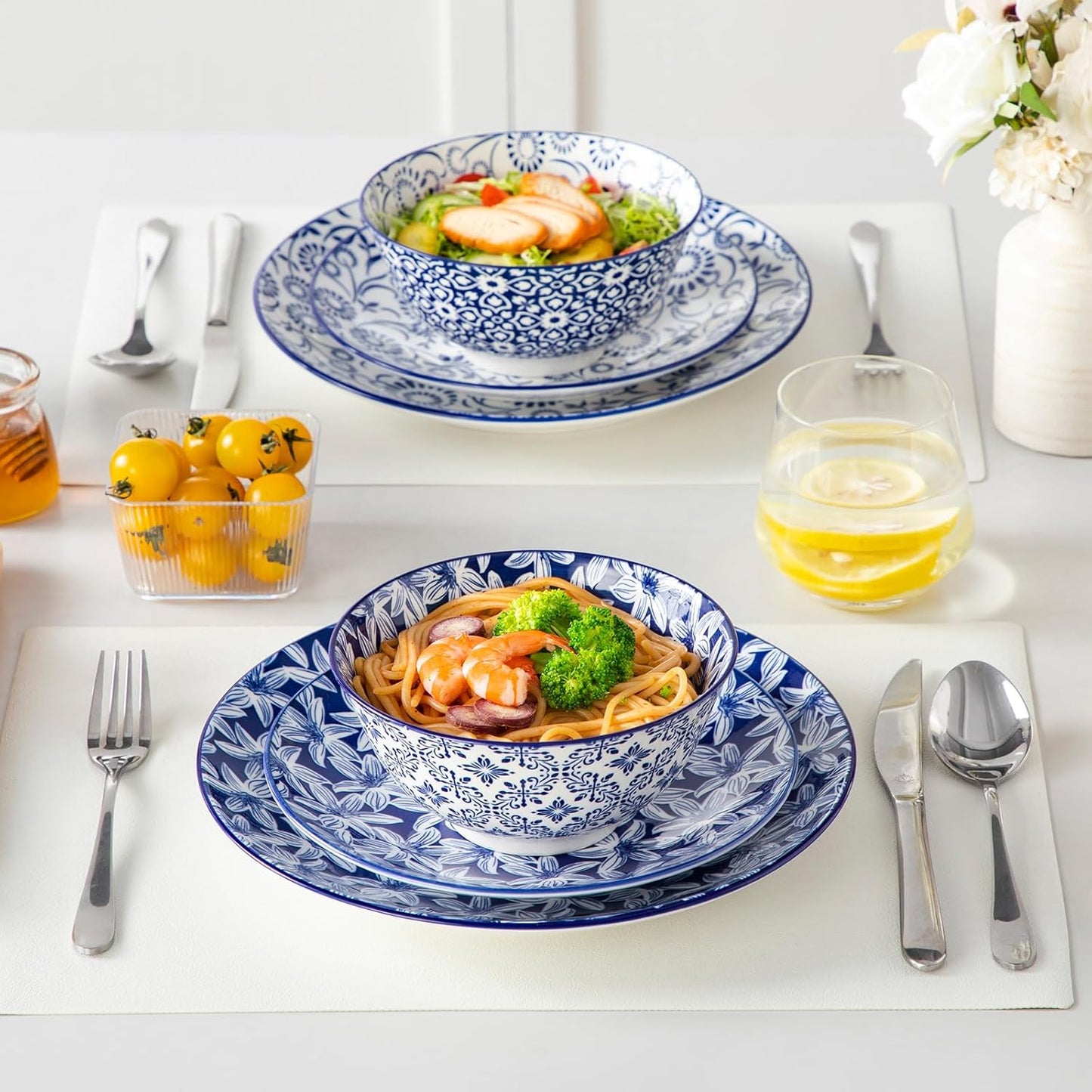 vancasso SELENE 24 oz Cereal Bowls set of 6, Ceramic Soup Bowls for Kitchen, Dishwasher & Microwave Oven Safe- for Cereal, Soup, Pasta, Salad, Blue & White Floral Design Bowl Set