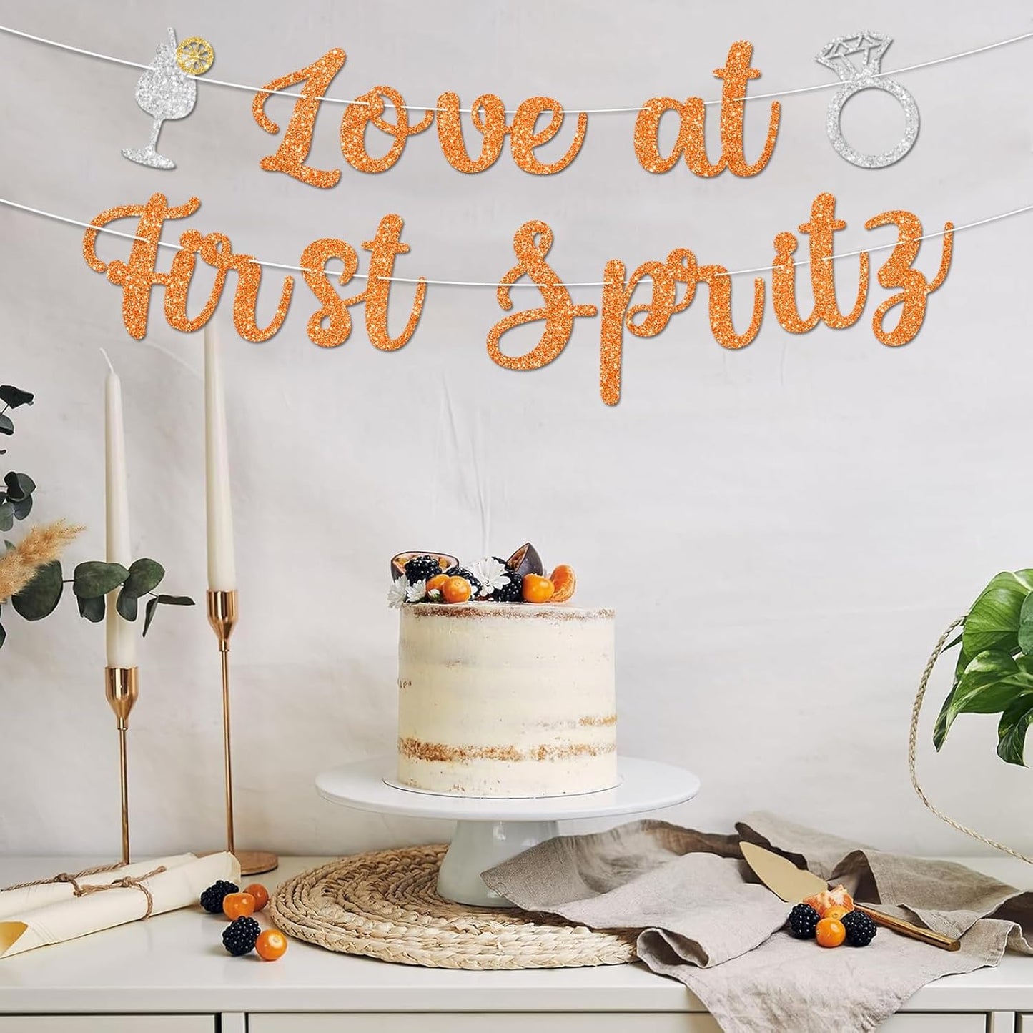 Love At First Spritz Wedding Banner - Bridal Shower Decorations, No Diy, Glitter Just Engaged Spritz Party Banners for Wedding/Engagement/Bachelorette Party Decorations Supplies, Orange.