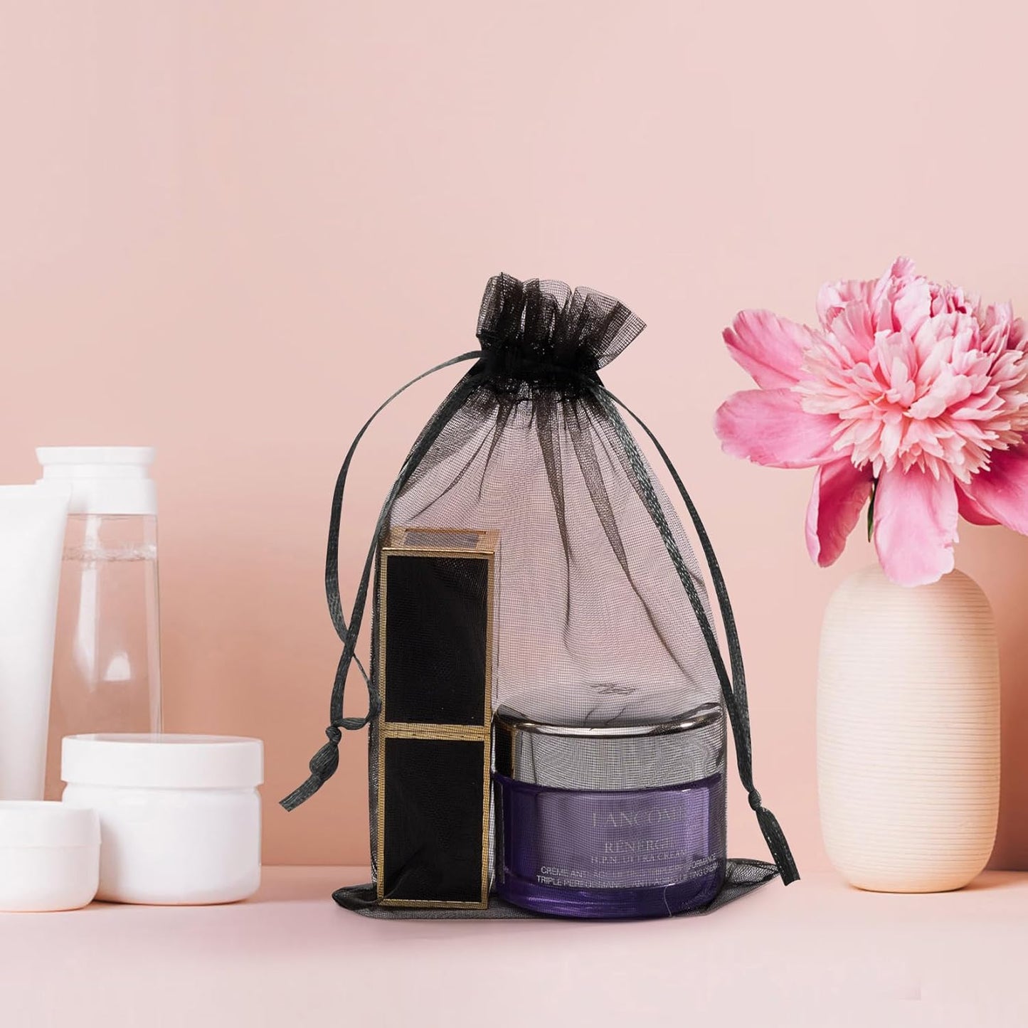 50 Pcs Organza Bags 3x4 Inch, Small Mesh Bags Drawstring Gift Pouches for Jewelry Candy Party Favor Christmas(Black)