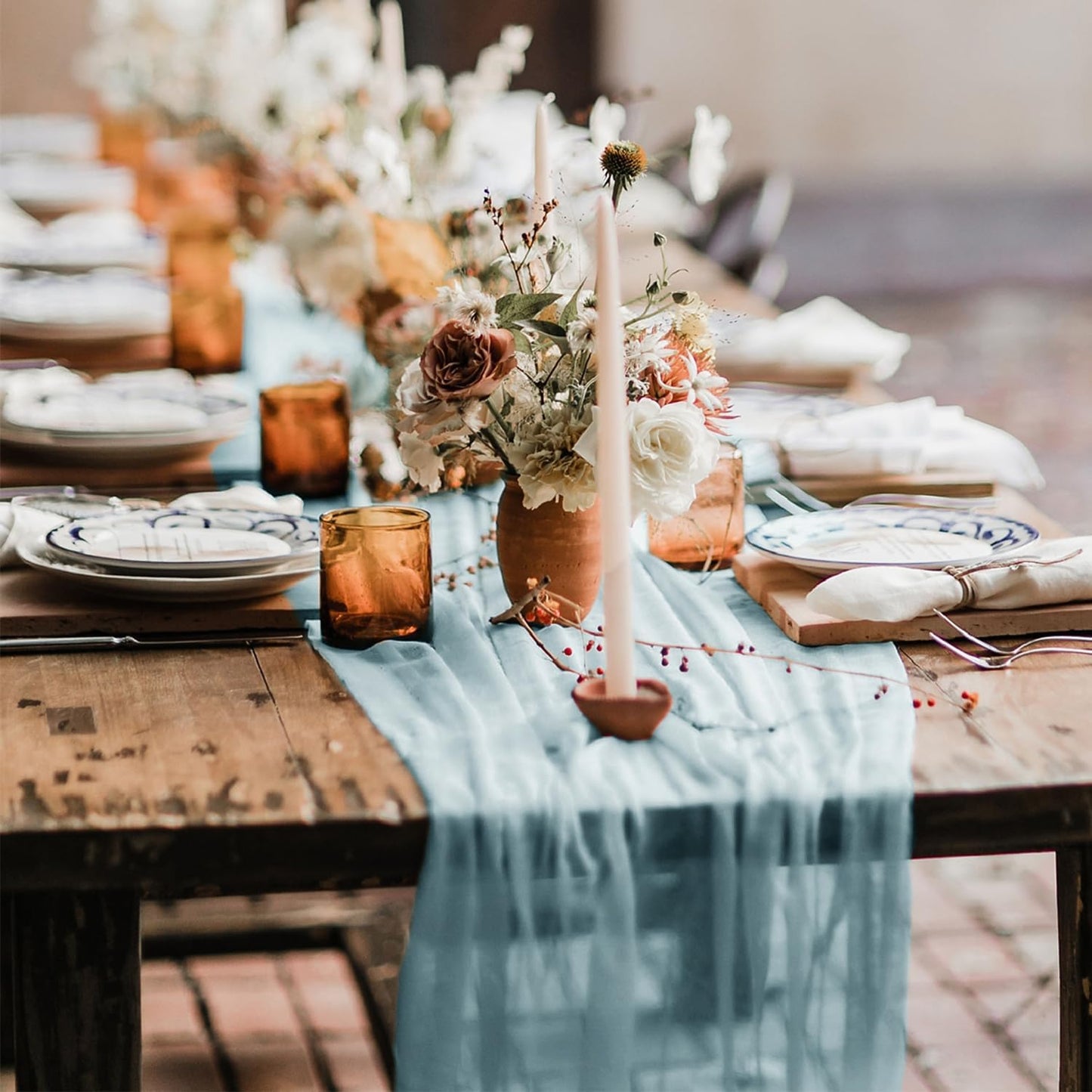 Hahuho Dusty Blue Cheesecloth Table Runner 10ft, Gauze Boho Rustic Table Runners for Wedding Birthday Party Baby Shower Decorations(1 Pack , 35x120 Inches)