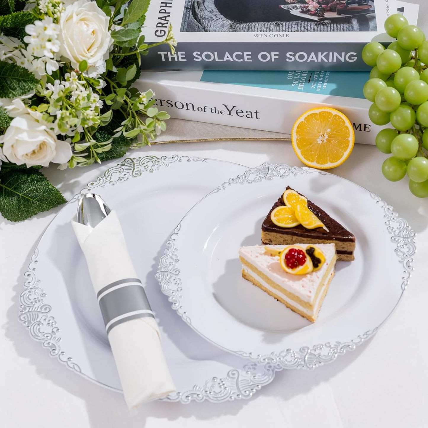 Liacere 350PCS Silver Plastic Plates&Pre Rolled Napkins for 50 Guests - Plastic Dinnerware Sets 100Silver Disposable Plates, 150Silver Silverware, 50Cups and 50Napkins for Wedding