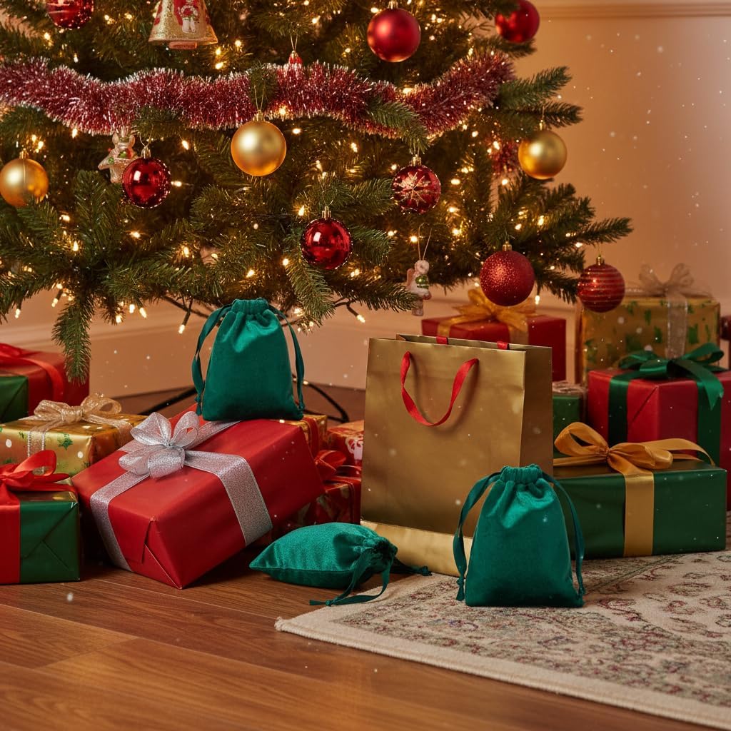 QIANF 12pcs Hunter Green Velvet Drawstring Bags 4x6 inches Velvet Cloth Small Gift Bags Jewelry Pouches for Storage Wedding Party Favor Christmas