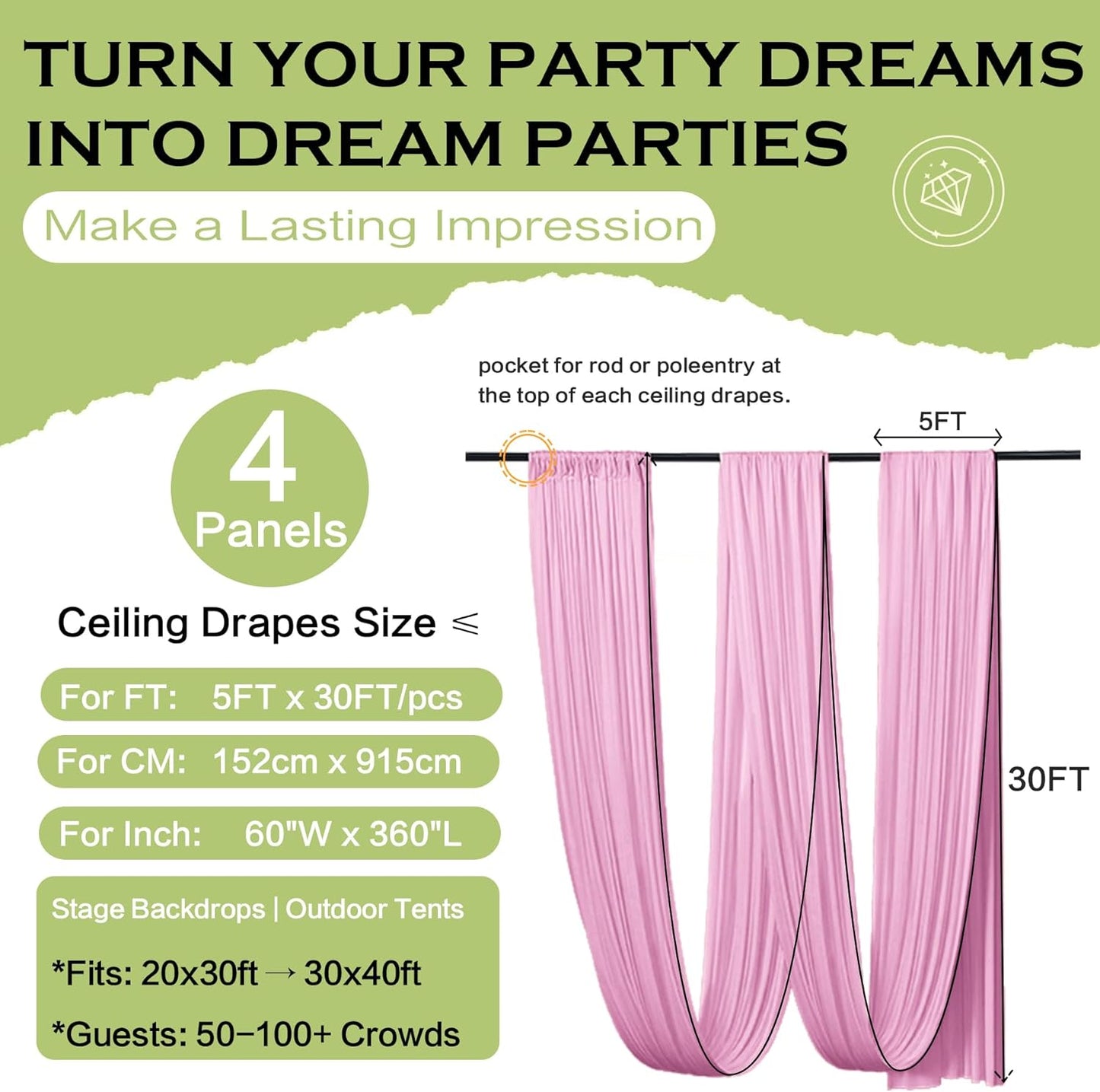 PartyVillage 4 Panels 5ftx30ft Baby Pink Ceiling Drapes for Wedding Parties โ 30 FT Extra Long Thick Polyester Wrinkle-Free Drapery Tent Decor Decorations for Birthday Party Ceremony Stage Swag