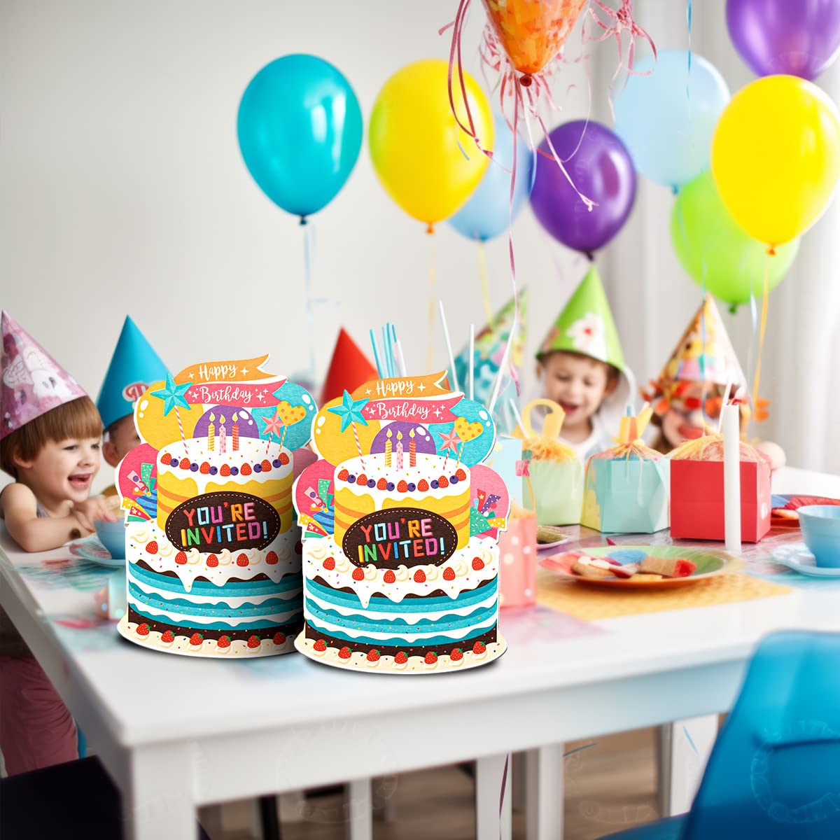 WISHGIFT 25Pcs/Set Birthday Party Cake Invitations with Envelopes, Kids Birthday Party Invitations