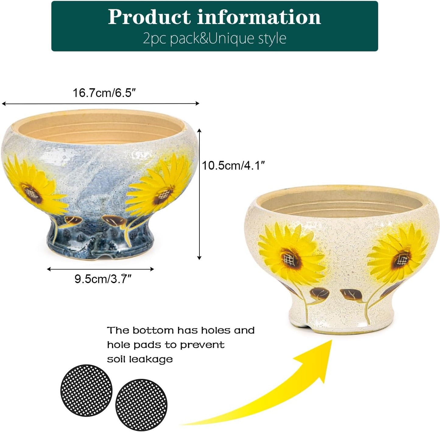 Sungmor Small Succulent Planters Set of 2, Beautiful Hand Crafted Ceramic Plant Pots Cute Cactus Pot, 6.5 Inch Flower Pots for Indoor Plants with Drainage, Desktop Windowsill Home Office Decor Pots