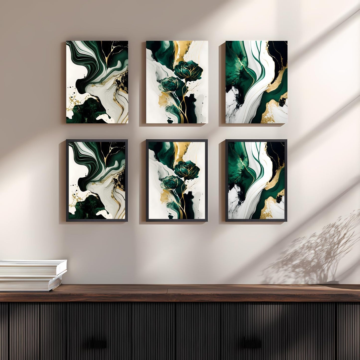 IAFWZX Framed Green Gold Abstract Wall Art, Emerald Marble Textured Wall Decor, Contemporary Line Flower Canvas Paintings, Abstract Floral Poster Prints for Living Room Bedroom Office 12"x16"x3