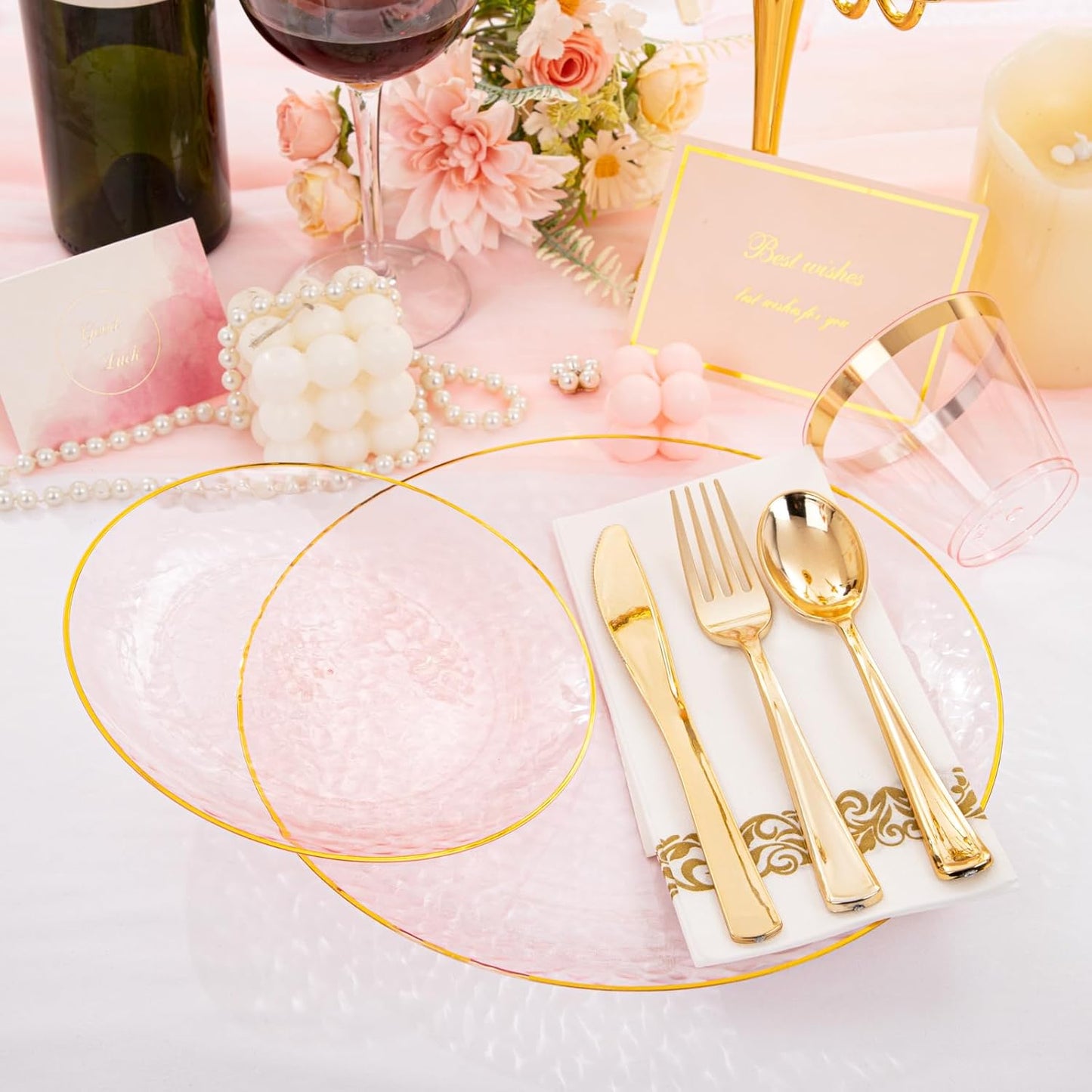 Rubtlamp 175 Pcs Pink Plastic Plates Dinnerware Set (25 Guests), Pink Disposable Plates With Gold Rim, Hammered Party Platos Set Include Dinner Plates, Dessert Plates, Cups, Cutlery for Party