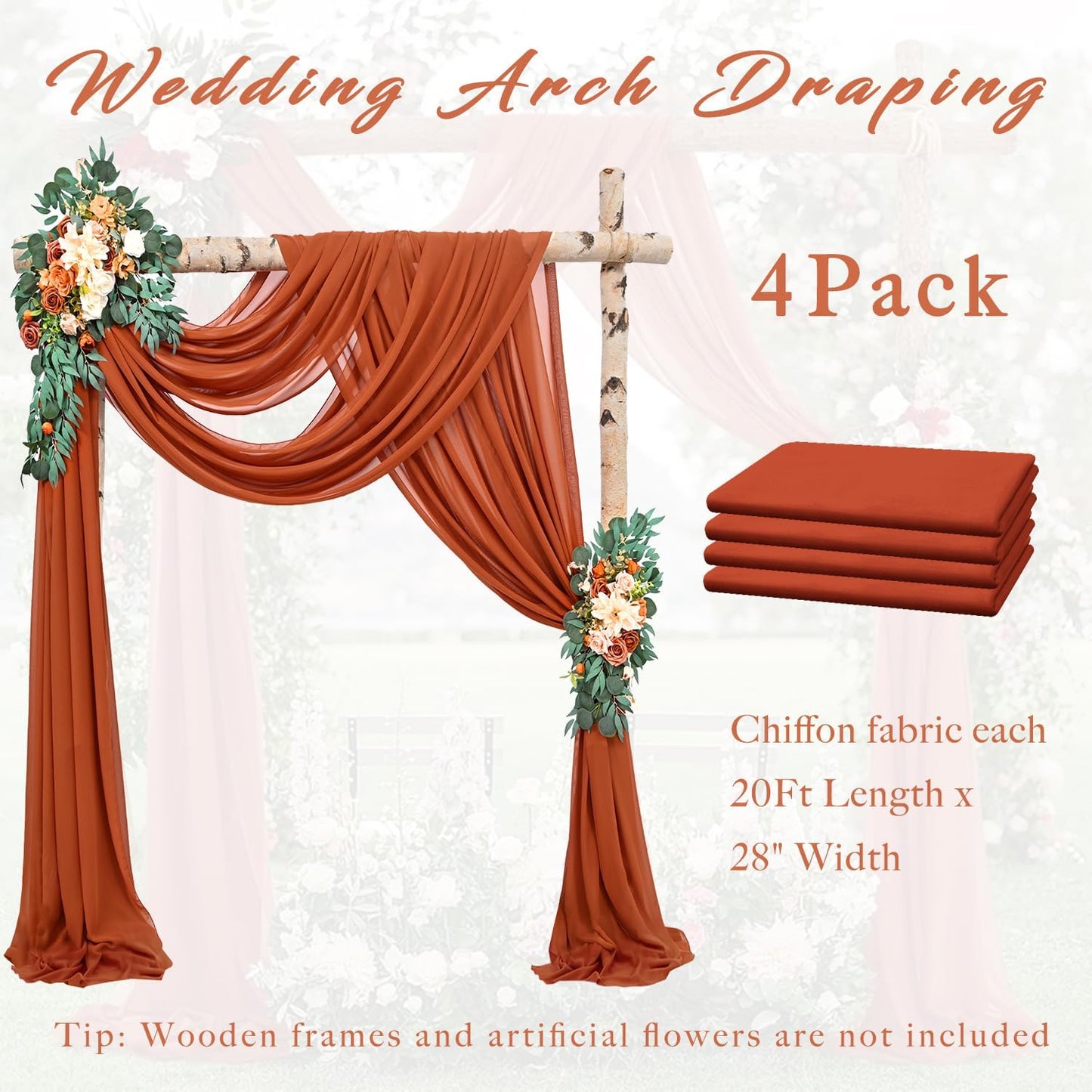 Wedding Arch Draping Fabric 4 Panels 20Ft Length x 28" Width Terracotta Photography Arch Drapes Chiffon Fabric Sheer Curtains Backdrop for Party Bridal Wedding Ceremony Ceiling Stage Reception Decor