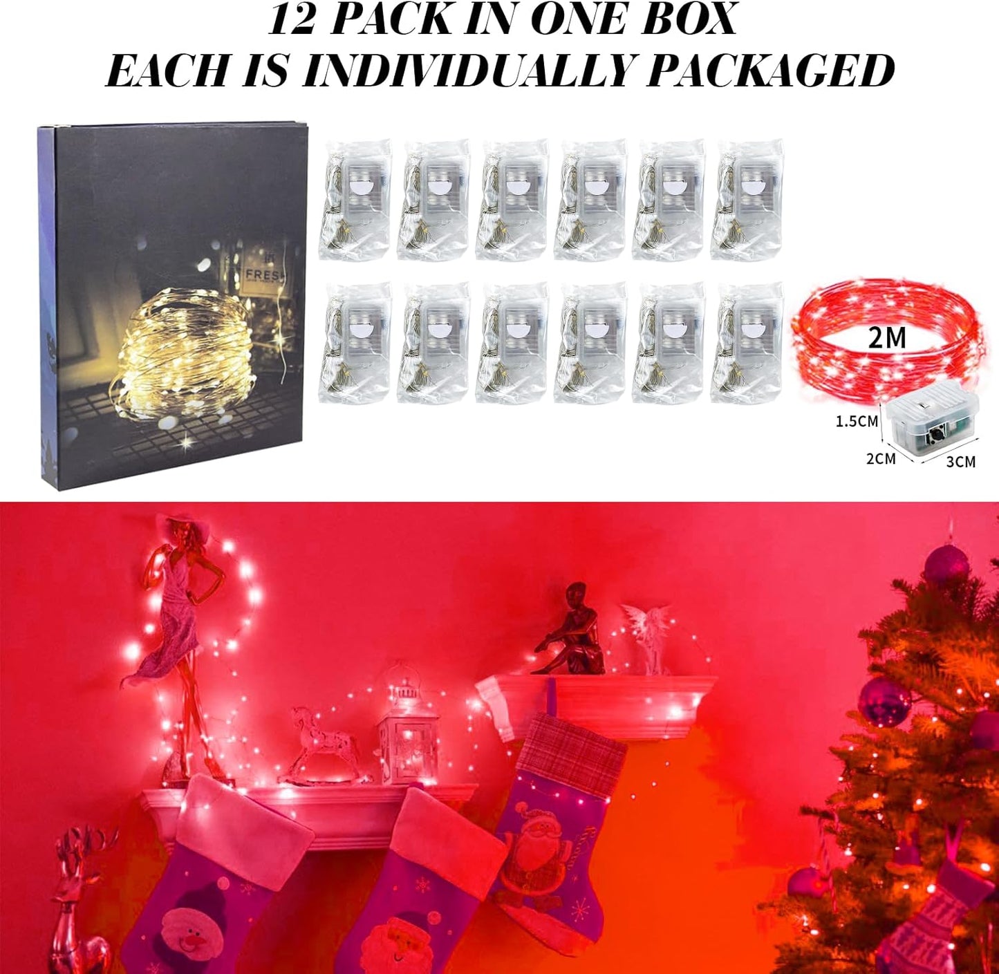 ZGWJ 12 Pack Fairy Lights Battery Operated, 7ft 20 Mini LED Fairy String Lights Silver Wire 3 Modes for DIY, Parties, Wedding, Bedroom, Halloween Christmas Decoration Red