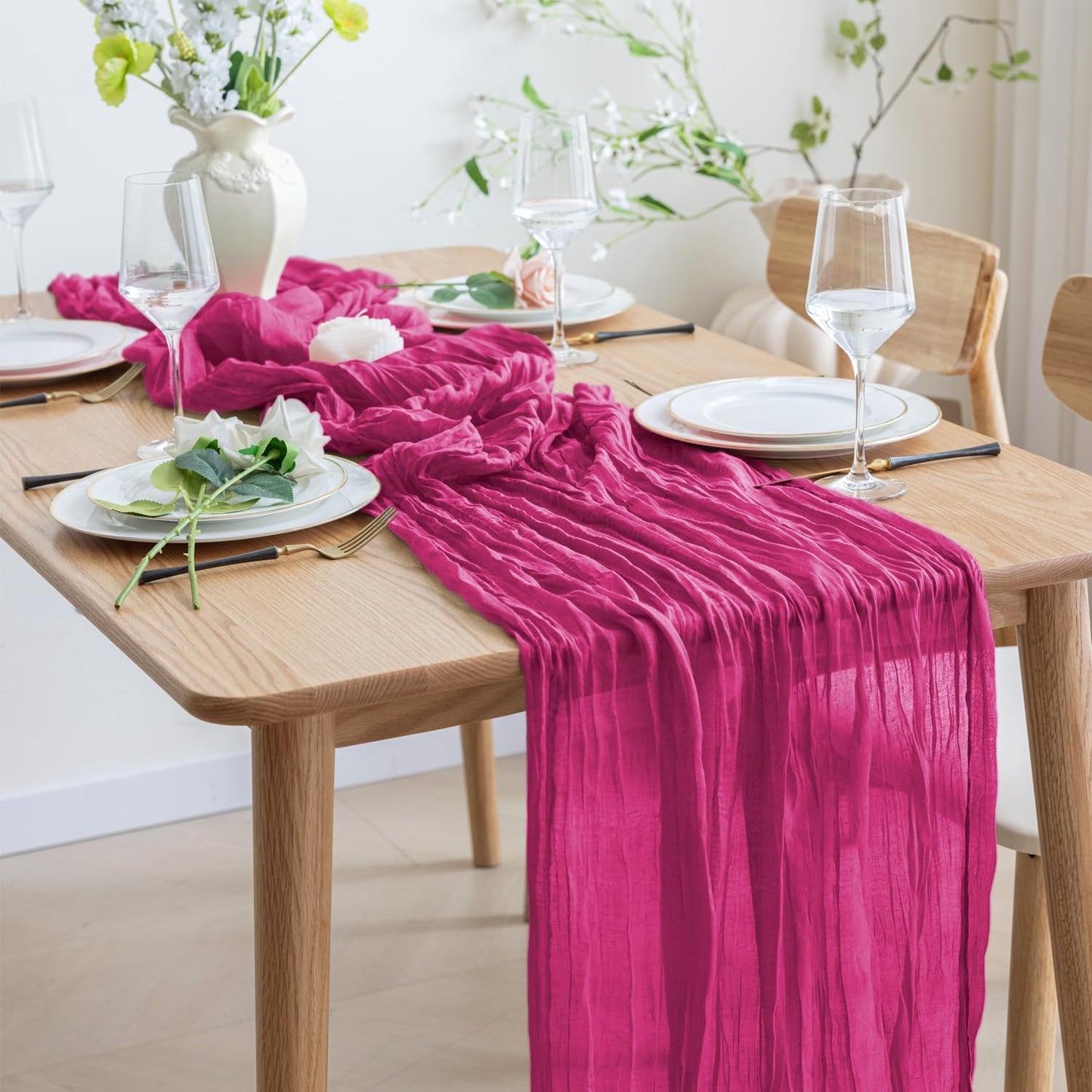 Asee'm 2pcs Cheesecloth Table Runner 120 Inches Long Fuchsia Boho Gauze Cheese Cloth Runner 10FT Rustic Sheer Table Runners for Christmas Wedding Party Baby Shower Spring Easter Decoration