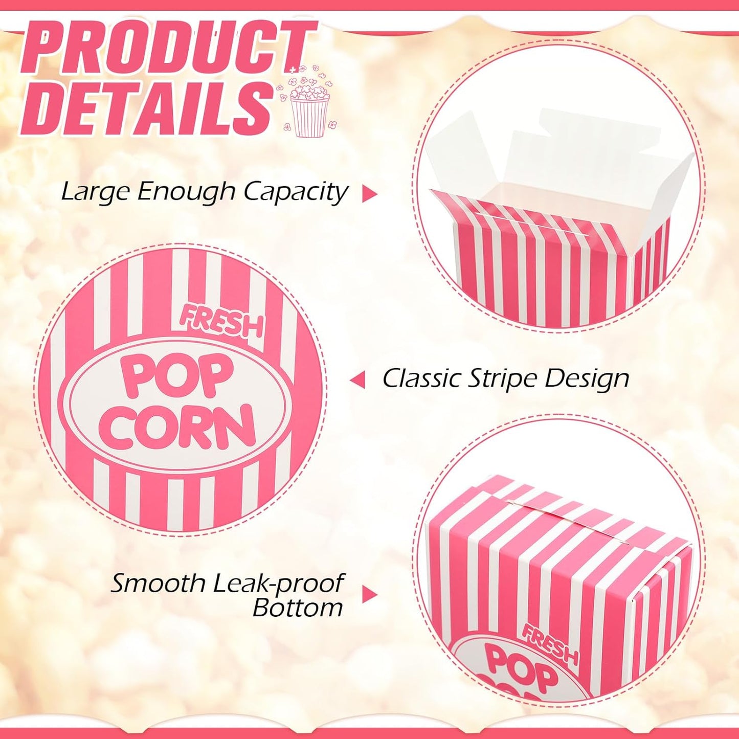 Xinnun 200 Pcs Paper Popcorn Boxes 1 oz Close Top Oil Proof Disposable Popcorn Container 6 x 4 x 2 Inch Stripes Leak Proof Popcorn Boxes for Party Movie Party Theater Night Birthday (Pink)
