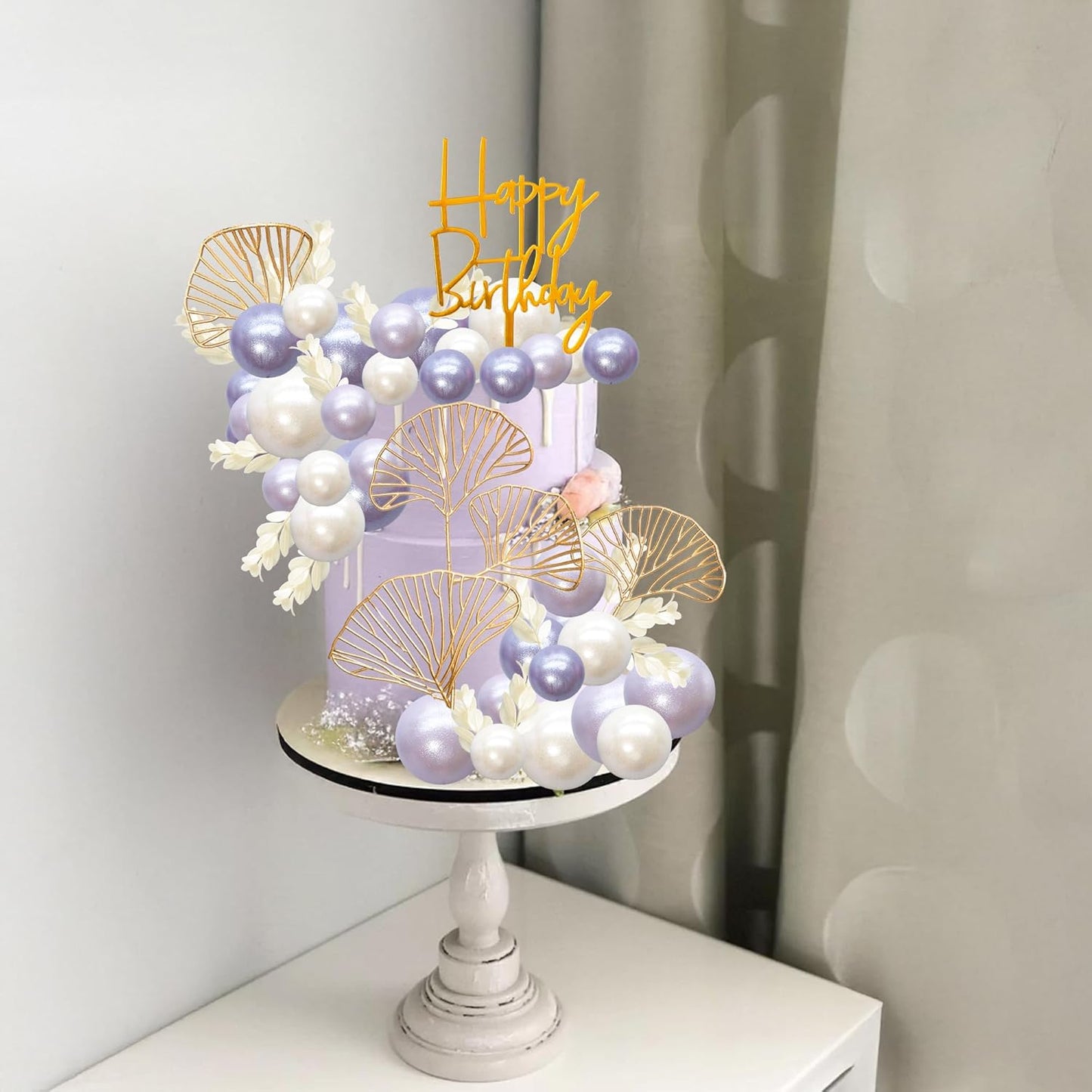 Gyufise 57Pcs Purple Balls Cake Topper Boho Grass Cake topper Pearl Balls Acrylic Happy Birthday Cake Decorations for Wedding Baby Shower Birthday Boho Themed Party Supplies Pearl Purple