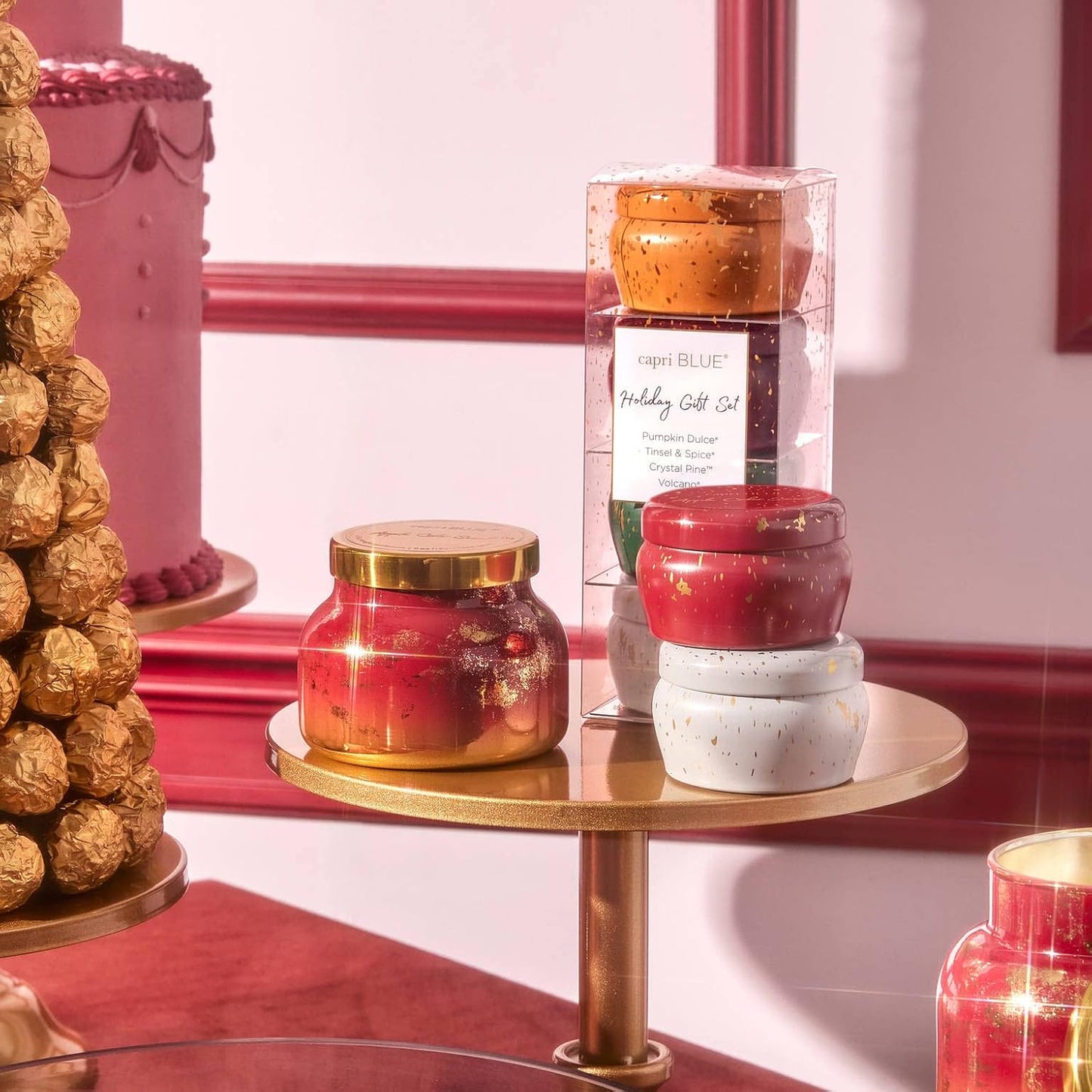 Capri Blue Glimmer Mini Tin - Apple Scented Candle with Mini Candle Holder - Soy Wax Blend - Capri Blue Apple Cider Social Red and Gold (3 oz)