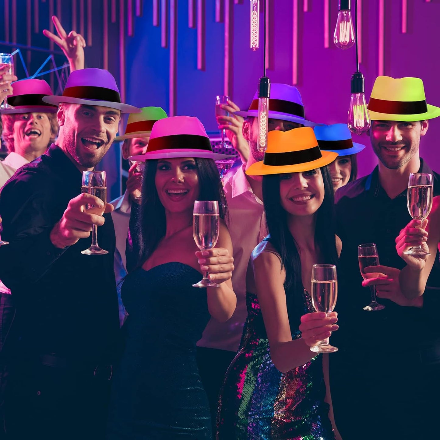 48 Pieces Neon Mafia Style Party Hats - Bright Dress Hats for Gangster Music Disco Birthday, Photo Booth Props and Favors