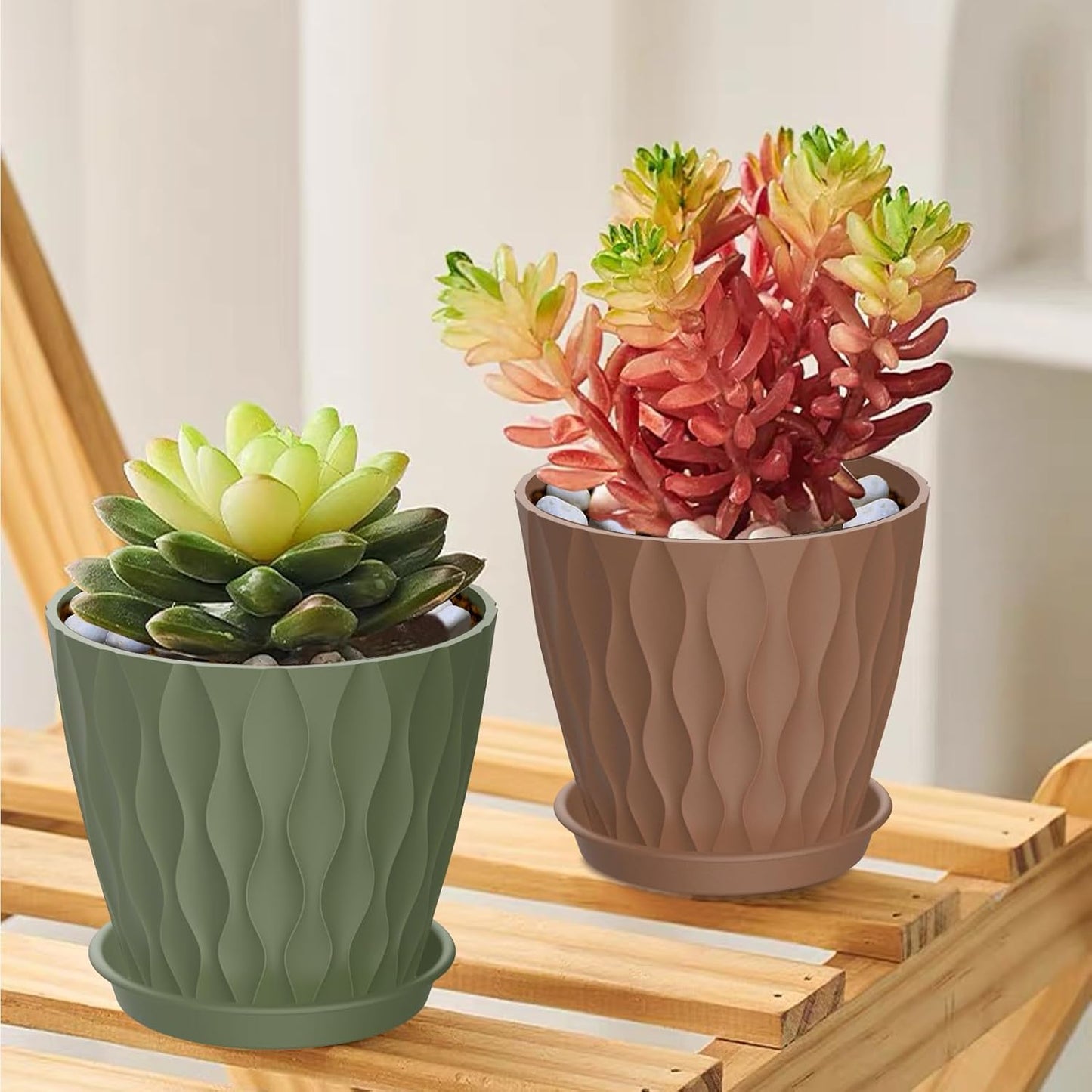 4 Inch Small Pots for Plants, 6 Pack Waffle Texture Small Plant Pots for Succulents, Plastic Planter with Drainage Holes and Saucers for Indoor Outdoor Plants, Flowers, Herbs, Seedlings, Colorful