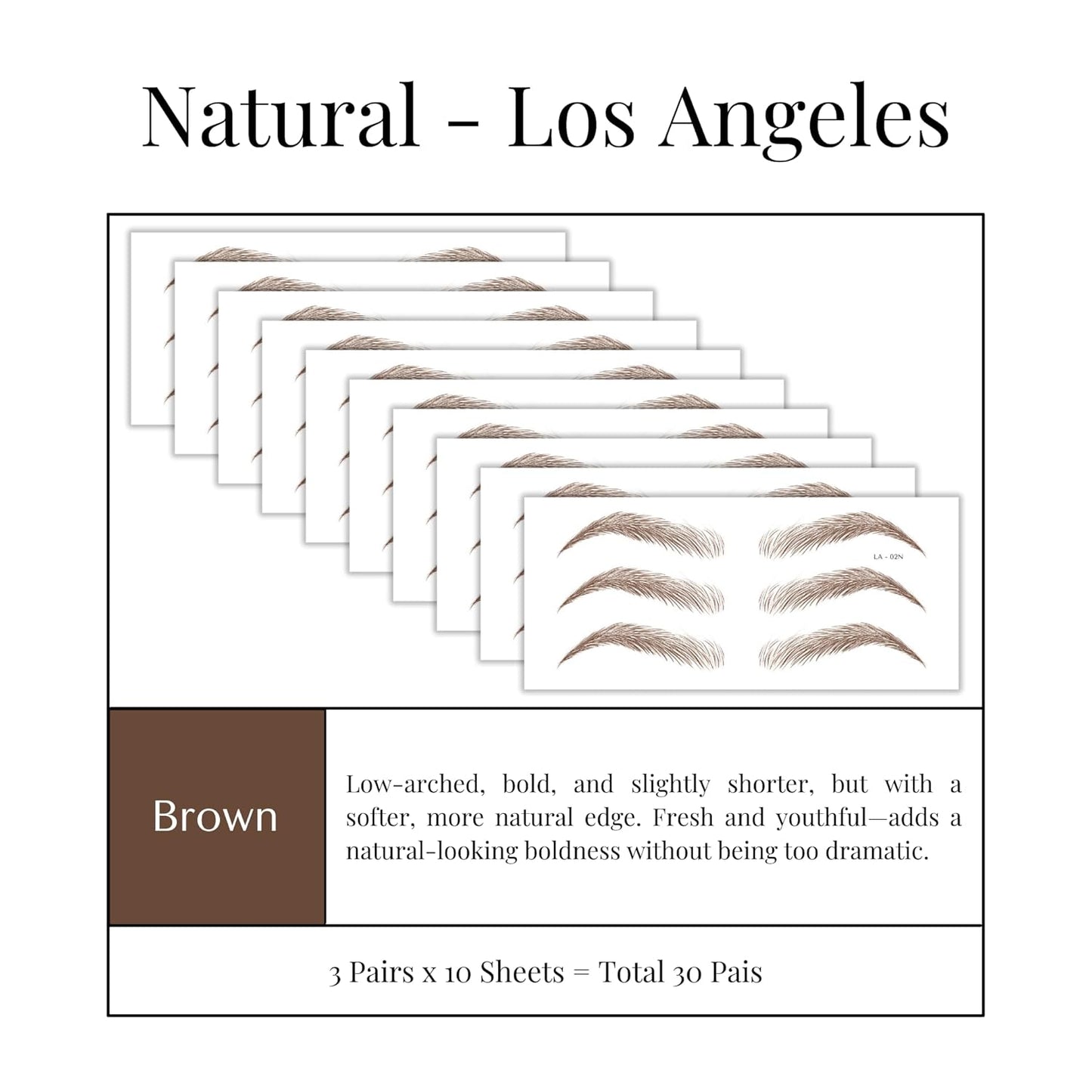 Bliss and Beyond USA Eyebrow Tattoo Stickers Waterproof – 30-Pair Deluxe Box | Realistic Hair-Like Temporary Brows for Alopecia, Cancer, and Hair Loss (Brown, Natural Los Angeles)