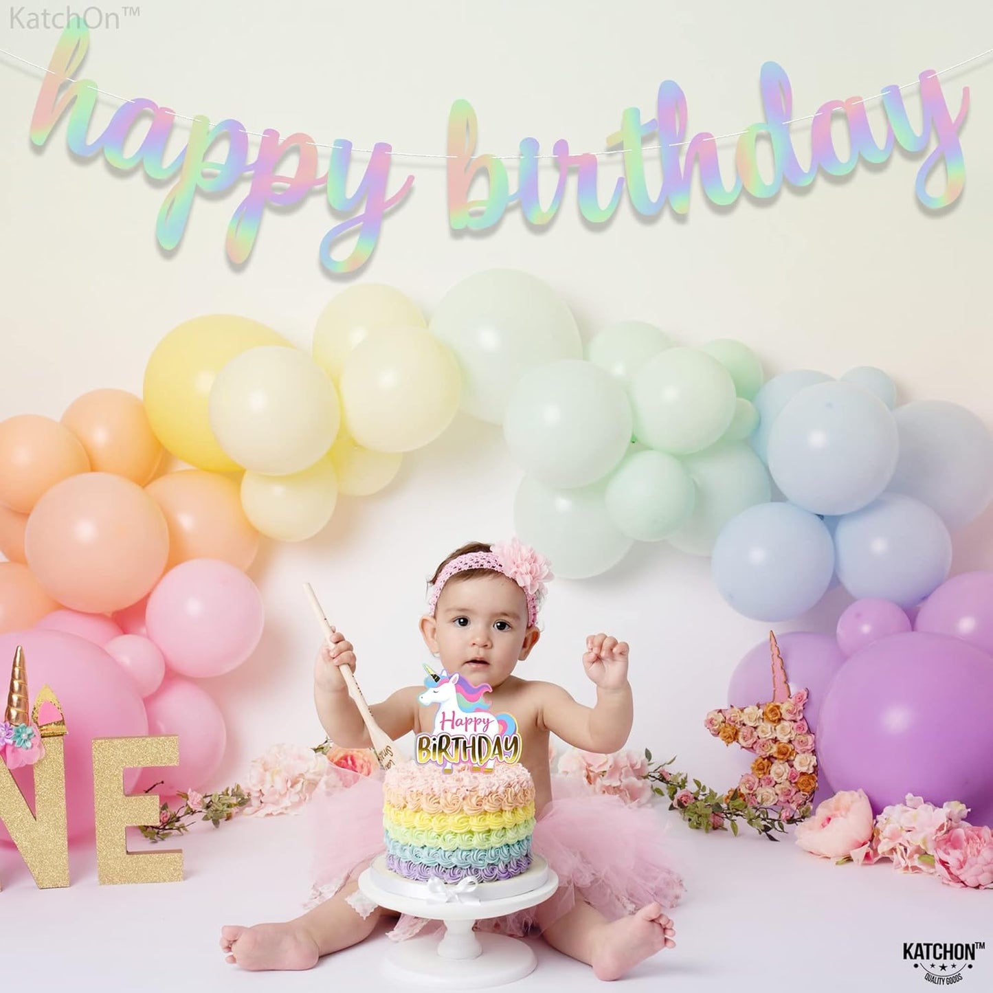 KatchOn, Pre-Strung Iridescent Happy Birthday Banner - 10 Feet | Iridescent happy Birthday Sign for Holographic Happy Birthday Decorations | Mermaid Birthday Decorations | Iridescent Party Decorations