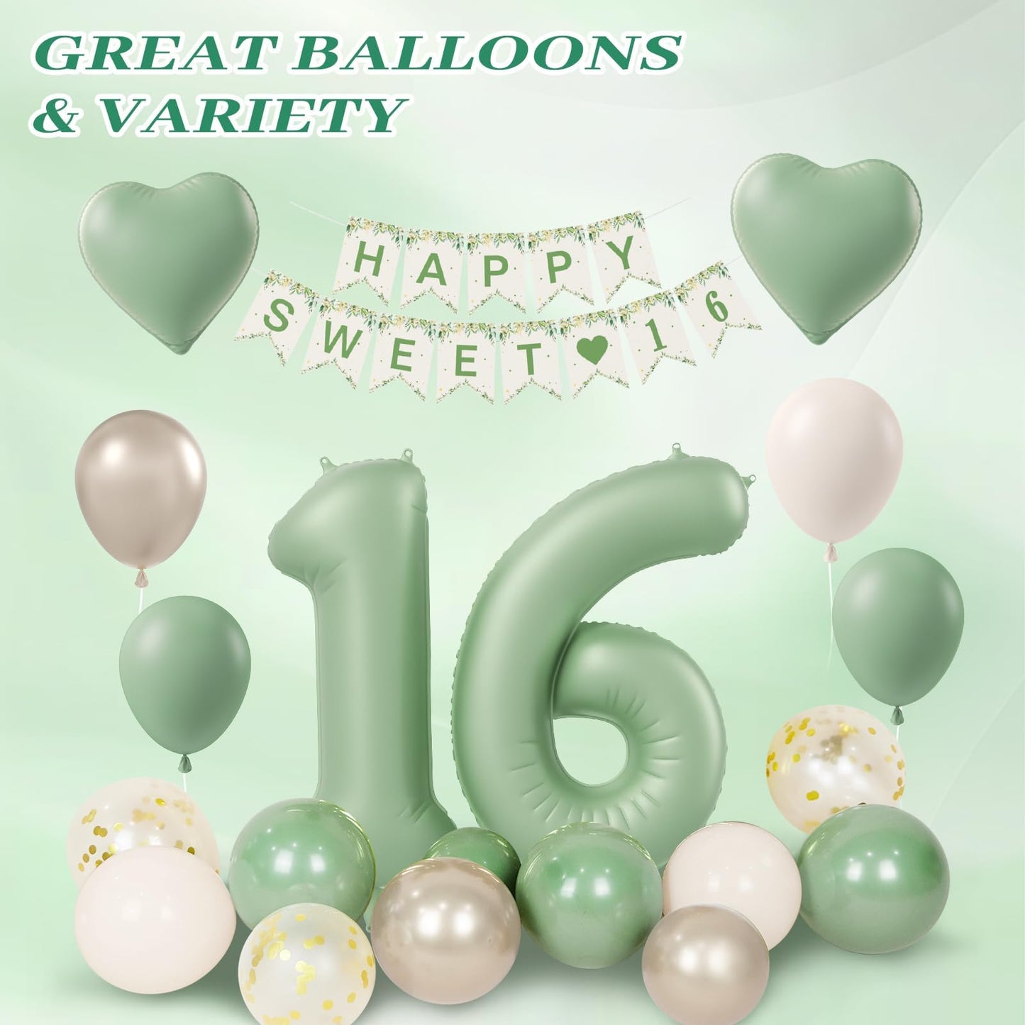 73pcs Sweet 16 Party Decorations with Sage Green Sand White Gold Balloons