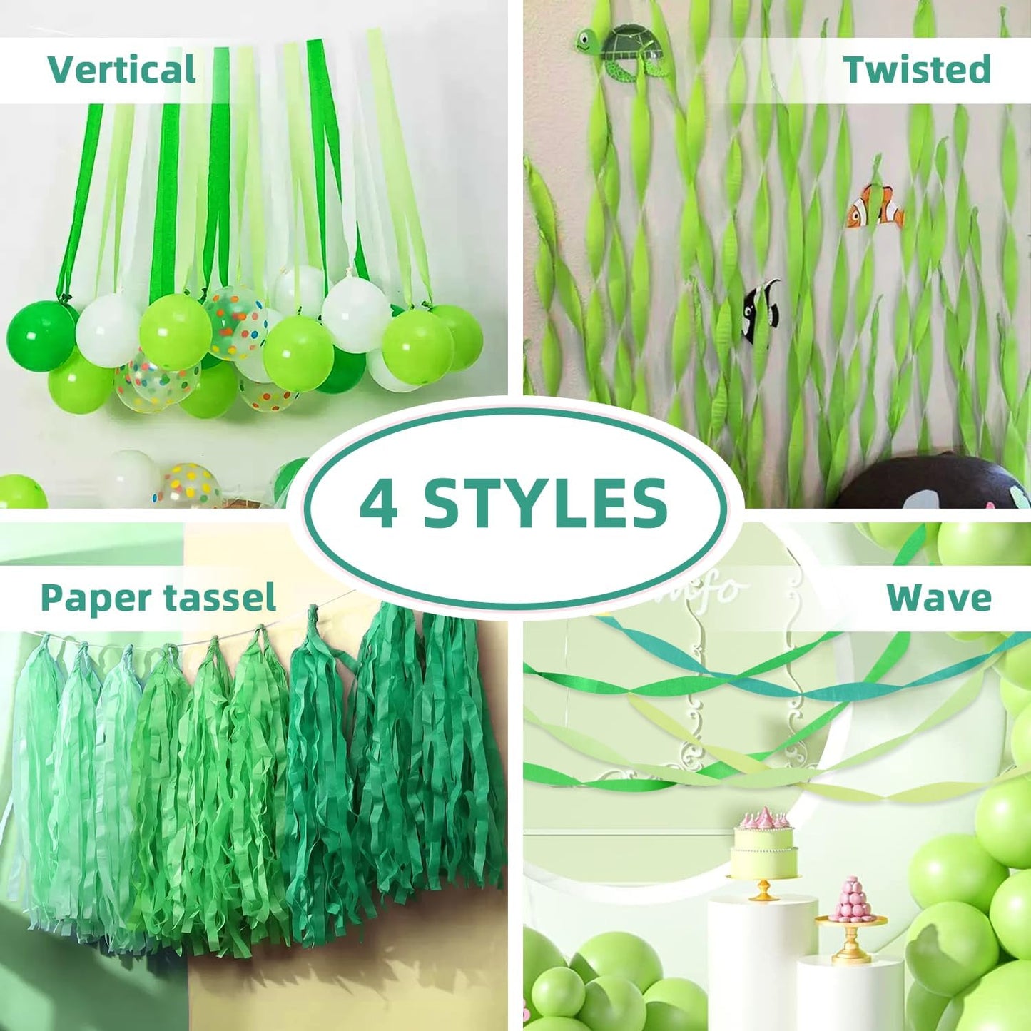 8 Pack Green White Crepe Paper Streamers Rolls, 656ft Party Streamers for Birthday Wedding Baby Bridal Shower Decorations Halloween Christmas Craft Festival Supplies (1.8 Inch x 82 Ft/Roll)