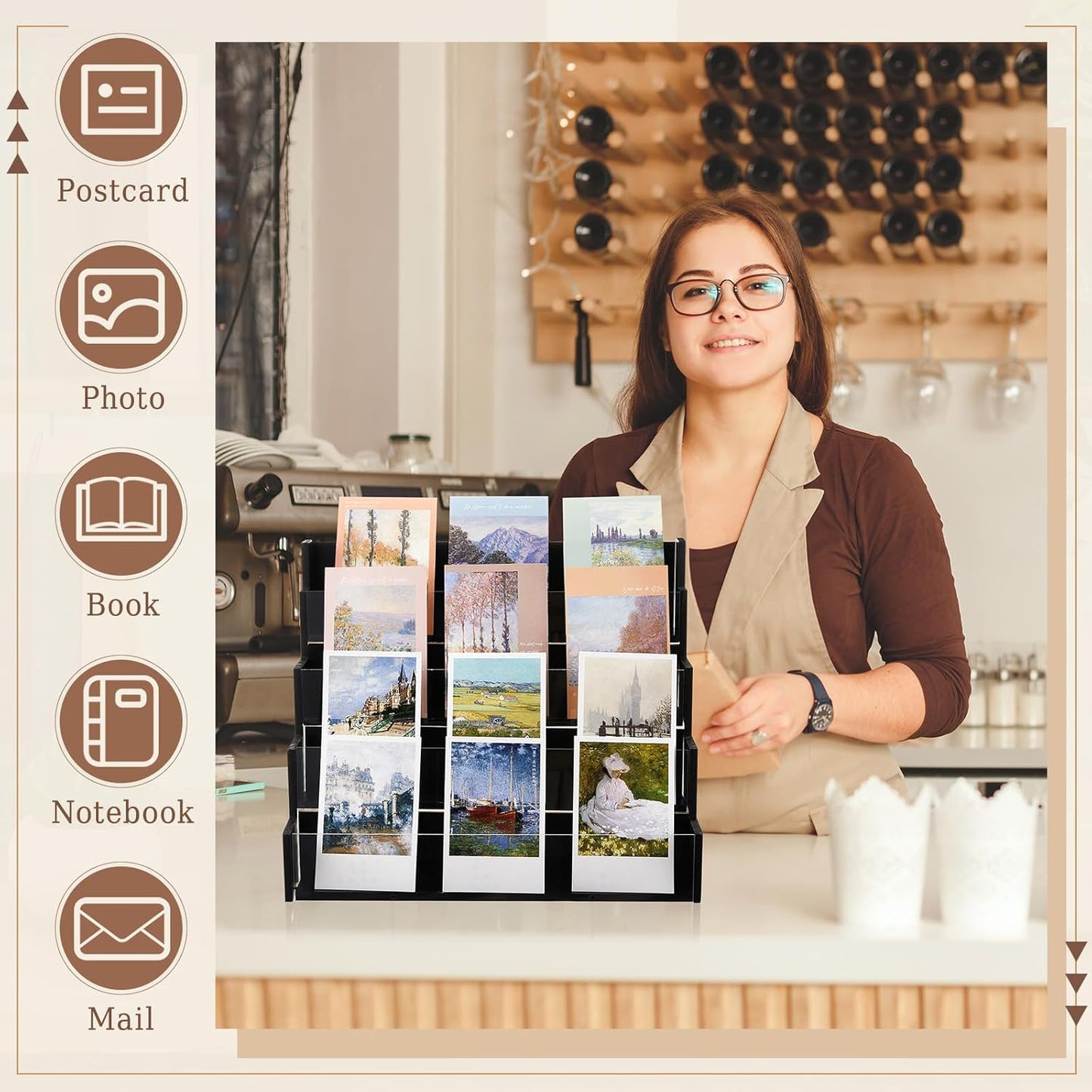 4 Tier Greeting Card Display Stand Black Bamboo and Acrylic Sticker Display Stand Trading Card Holder Retail Photos Shelf for Vendors Craft Collection & Show