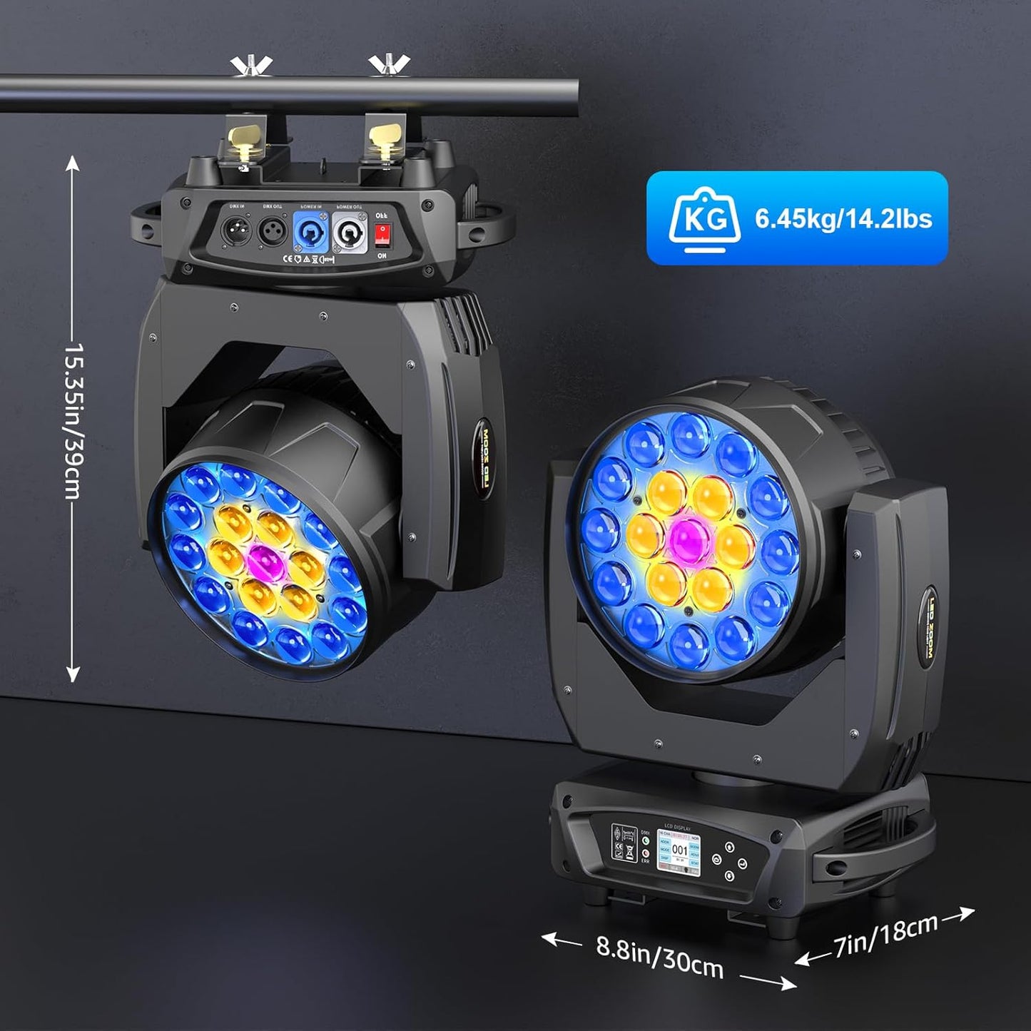 19x10W Moving Head Light Focusing/Beam/Wash/Zoom Effect Stage Lights 4-in-1 LED DMX512 & Sound Activated Control for DJ Disco Nightclub KTV Bar Theater Shopping Mall (2 PCS)