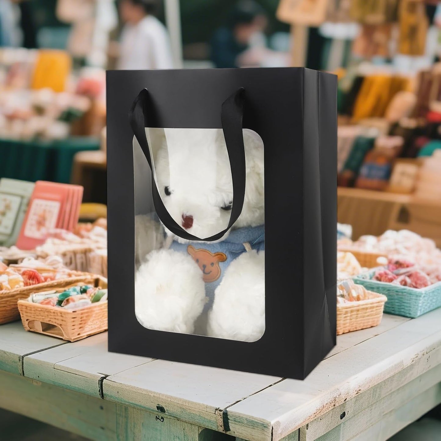 MOXARYSU 6 Pcs Black Gift Bags with Clear Window: 9.8x5.1x7.1 Inch Medium Kraft Paper Bags with Handle For Party Business Birthday Wedding (Black, 6p)