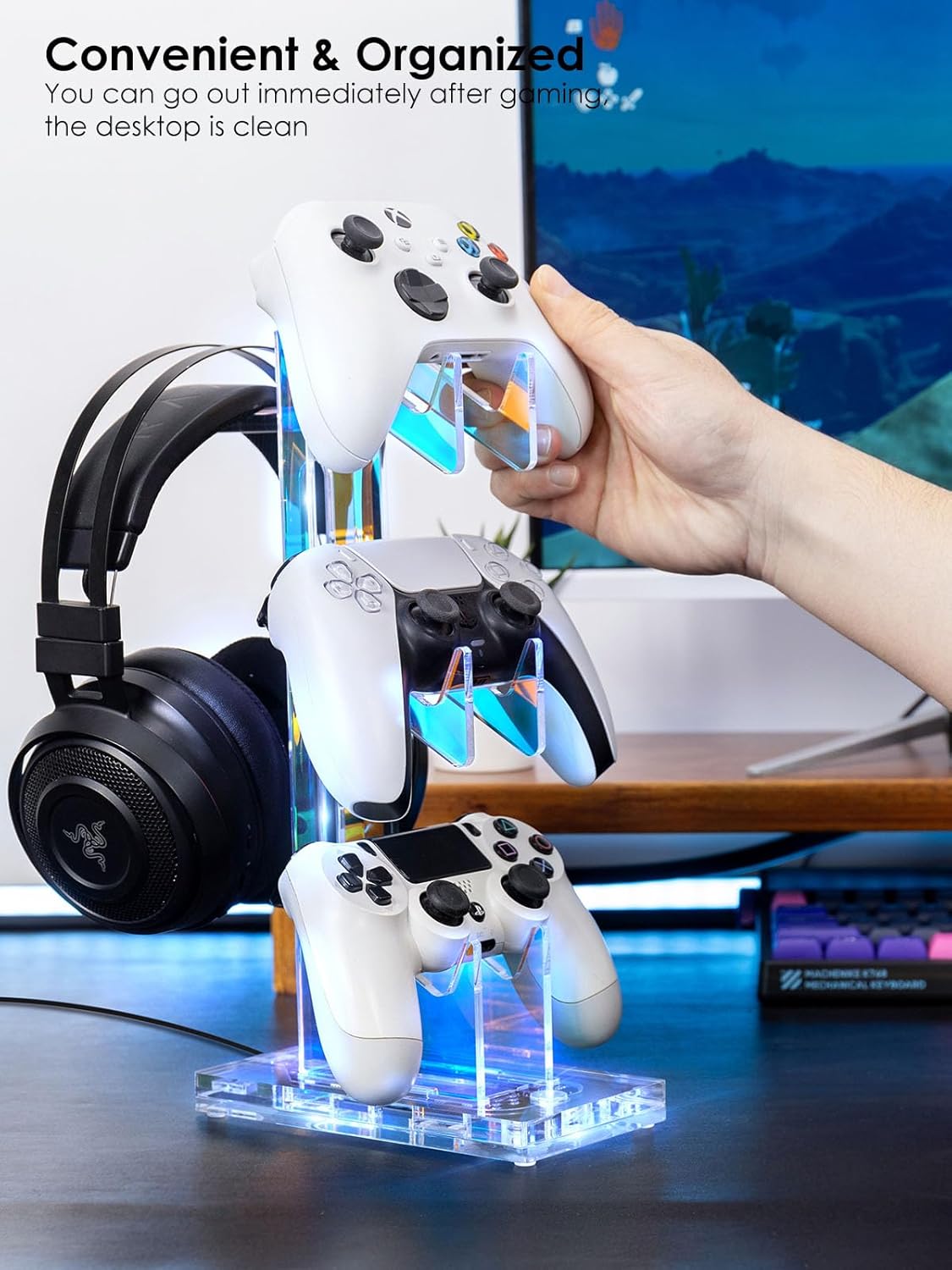 OAPRIRE Headset and Controller Stand with Lights, 3 Tier Acrylic Game Controller Holder, Controller and Headset Stand for Desktop,Universal Design Compatible with PS5/PS4/XBOX/SWITCH (Clear)