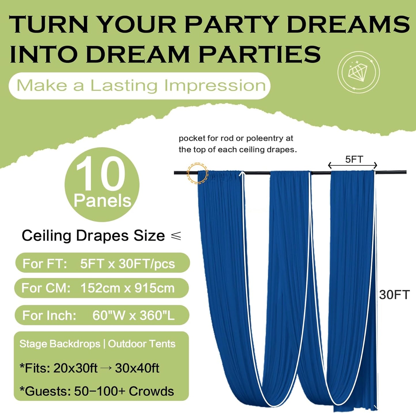 PartyVillage 10 Panels 5ftx30ft Royal Blue Ceiling Drapes for Wedding Parties โ 30 FT Extra Long Thick Polyester Wrinkle-Free Drapery Tent Decor Decorations for Birthday Party Ceremony Stage Swag