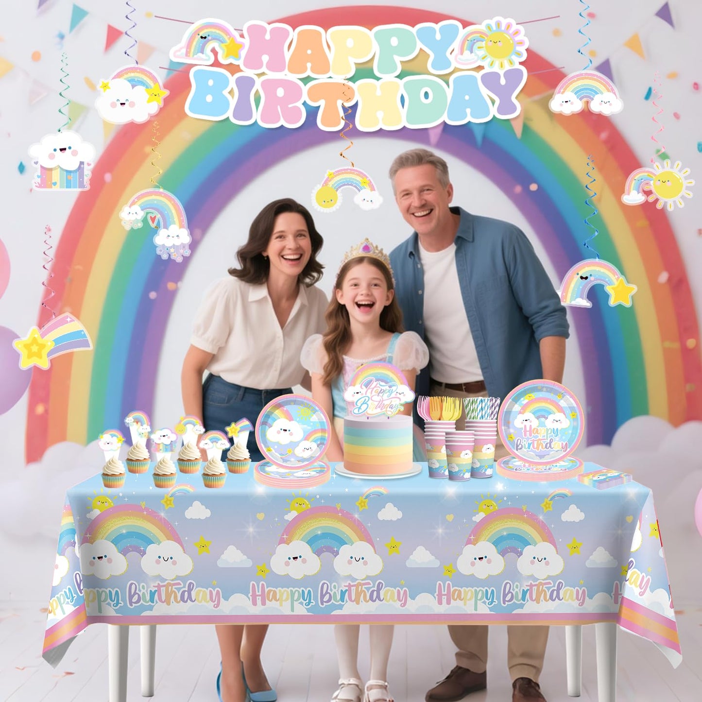 Xynic 174pcs Rainbow Birthday Decorations Tableware Complete Party Set