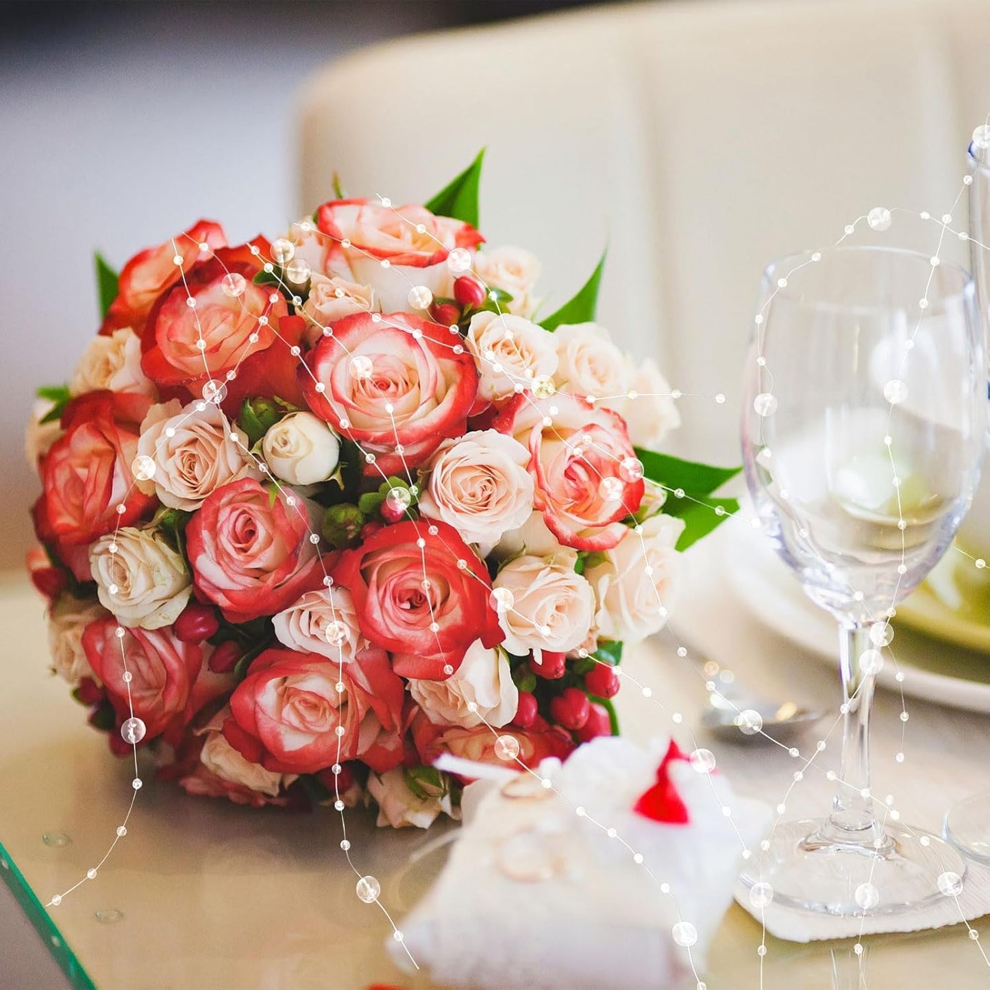 JULBEAR Beads Garland Decoration, 1Rolls 131Feet Clear Christmas Pearl Strands Chain Bead Garland for Christmas Tree Fireplace Wreath Gift Bouquet Crafts Wrapping Wedding Party Centerpieces