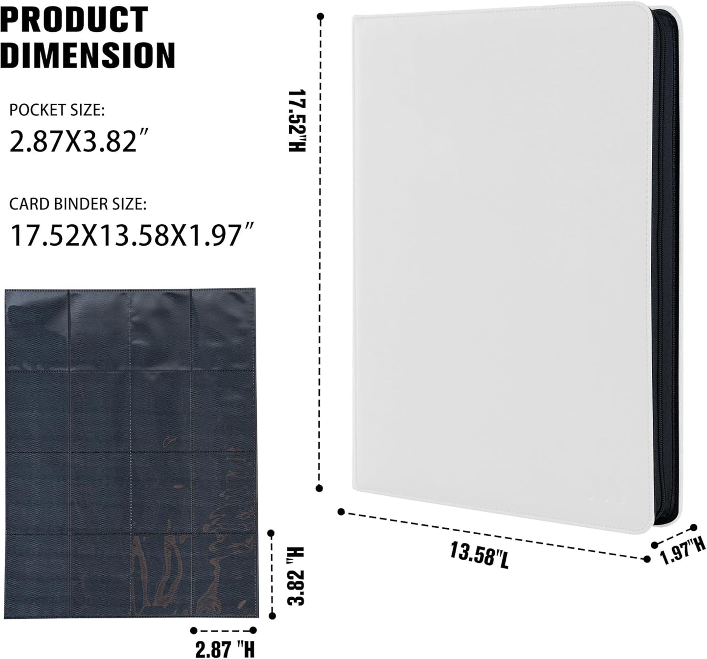 Premium 1000+ Pockets Card Binder,16 Pockets Card Binder Ringless Side Loading Trading Card Album Folder for TCG -White