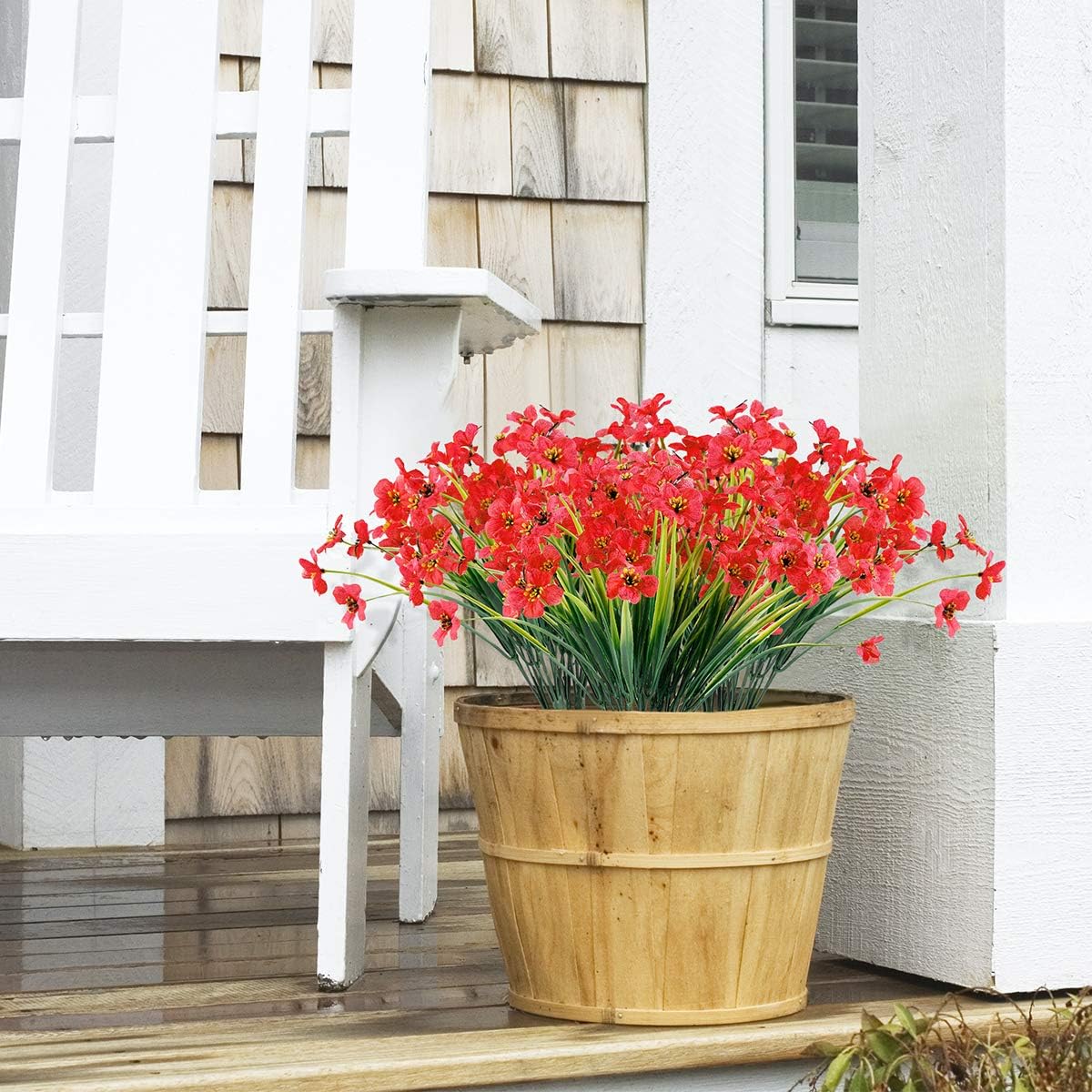 12 Bundles Artificial Flowers Outdoor UV Resistant Fake Flowers No Fade Faux Plants Garden Porch Window Box Decorating (Deep Red)