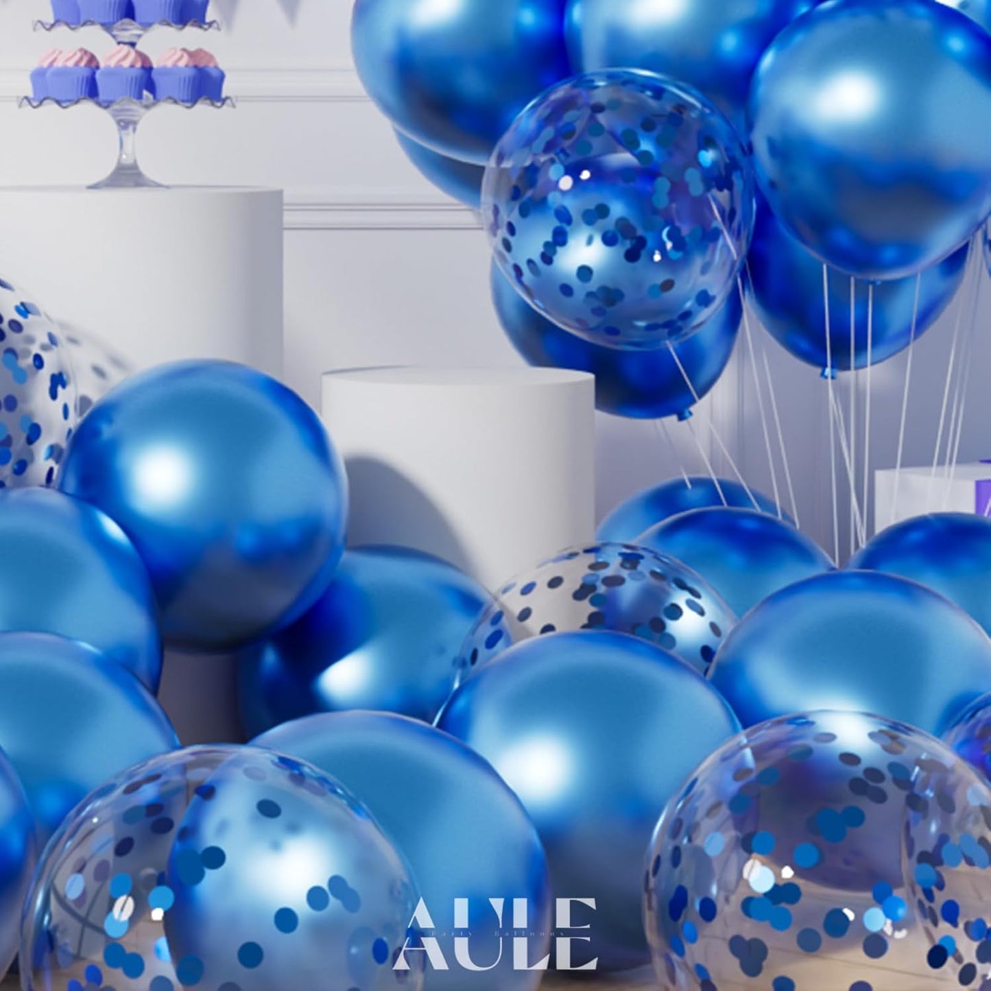 AULE Party Balloons Pack of 42 - Metallic Blue Balloons and Blue Confetti Balloons With 64ft Ribbons 12 Inch Chrome Latex Helium Balloon Decoration Set