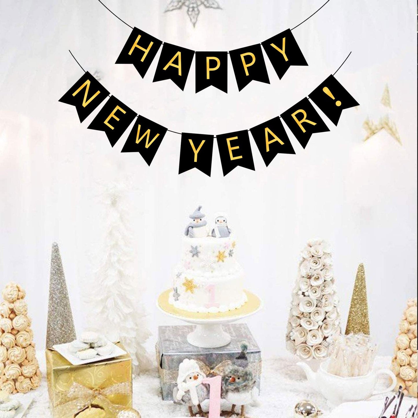 FECEDY Happy New Year Banner Black Bunting with Gold Alphabet for New Year Party Supplier Eve Party