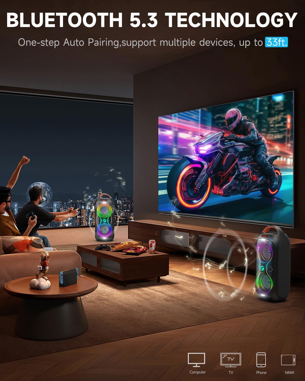 Bluetooth Speakers Wireless- 40W(Peak) 120dB Loud Sound, 8 LED Lights, Bluetooth 5.3, 6-8 Hours Playtime, Protable Handle, FM/USB & Mic Input, Large Portable Speaker for Party,Outdoor,Camping,Beach