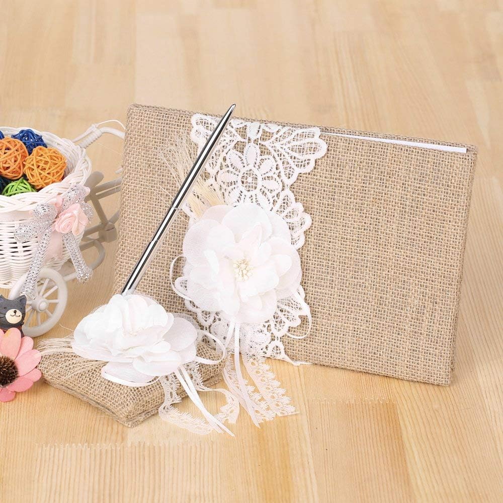 Fbest 4pcs/Set Vintage Rustic Burlap Wedding Supplies Flower Girl Basket + Ring Bearer Pillow + Guest Book + Pen Holder Set