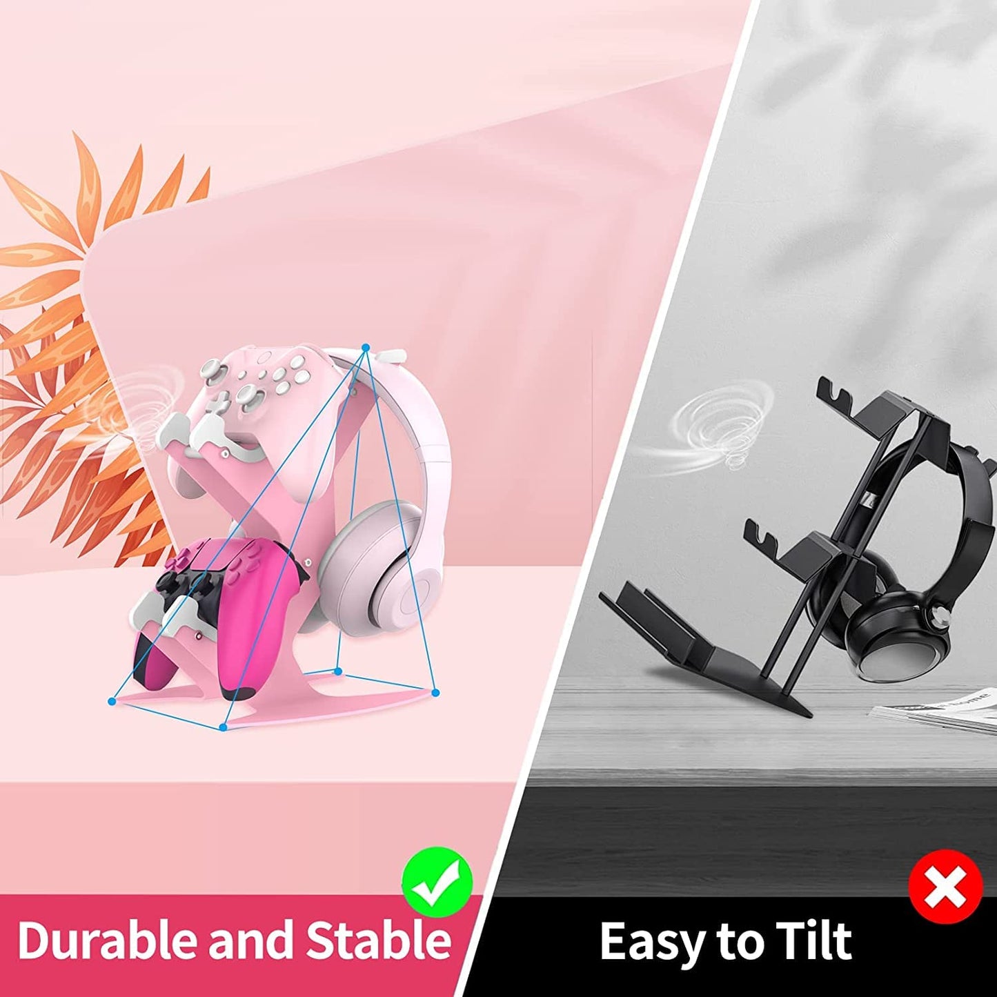 Controller Holder Pink, Game Controller Rack Headset Stand for Xbox Series X S/Xbox one / PS5 / PS4 / NS/PC/Headset, Aluminum Metal Headset Mount Universal Organizer for Video Game Accessories