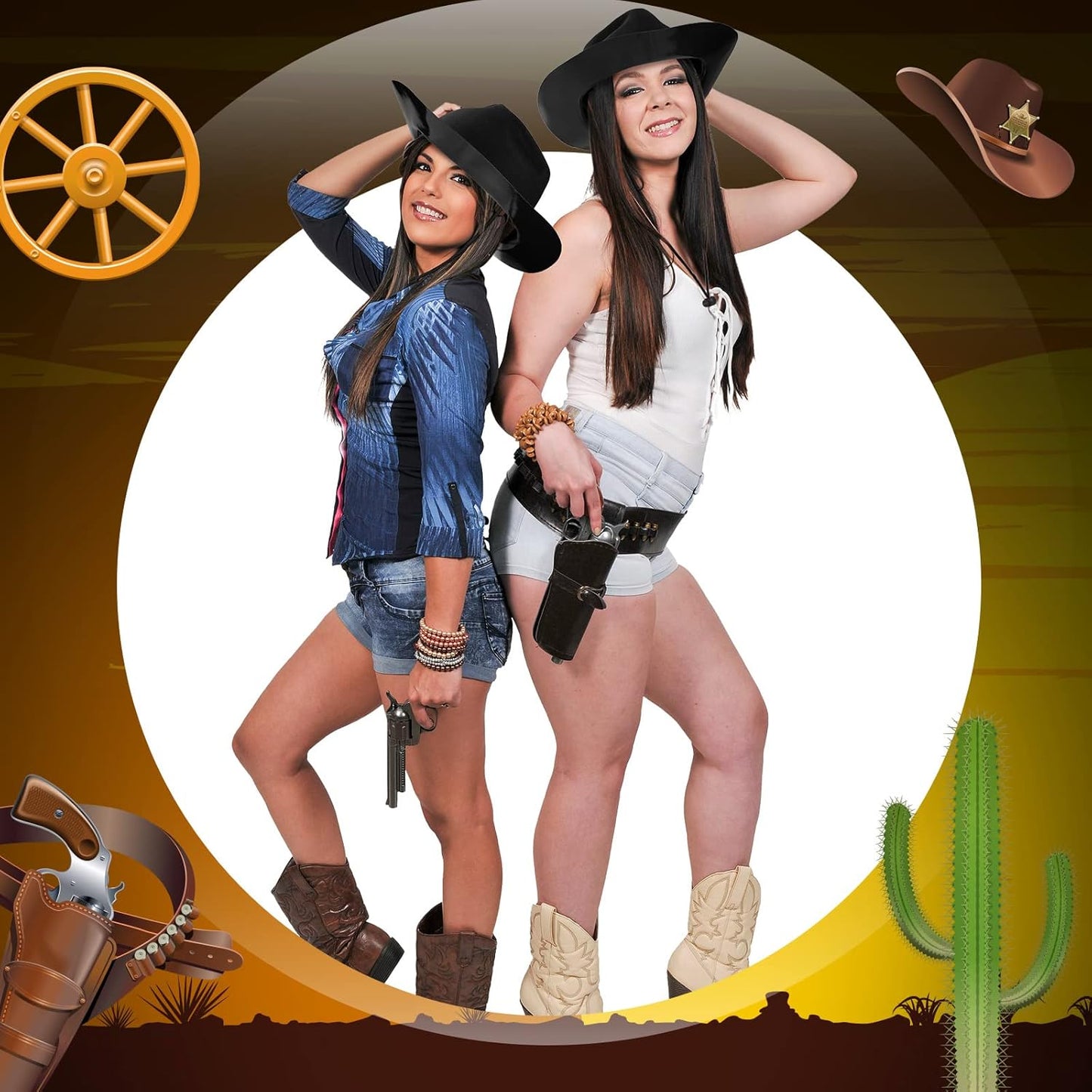 Mepase 24 Pieces Disposable Plastic Western Cowboy Hat Set Felt Wide Brimmed Cowgirl Hats for Men Women Costume Party(Black)