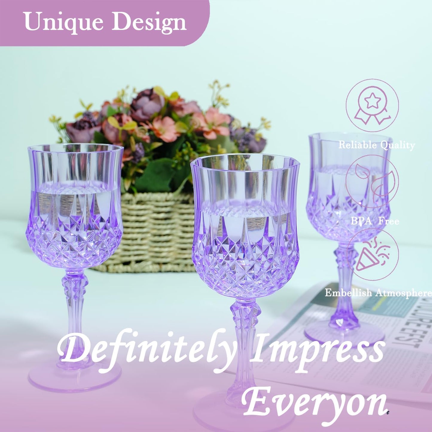 Plastic Wine Glasses,Plastic Goblets Vintage Style Cordial Drinking Glasses for Wedding Reception, Grand Event Party Supplies (12, Purple)