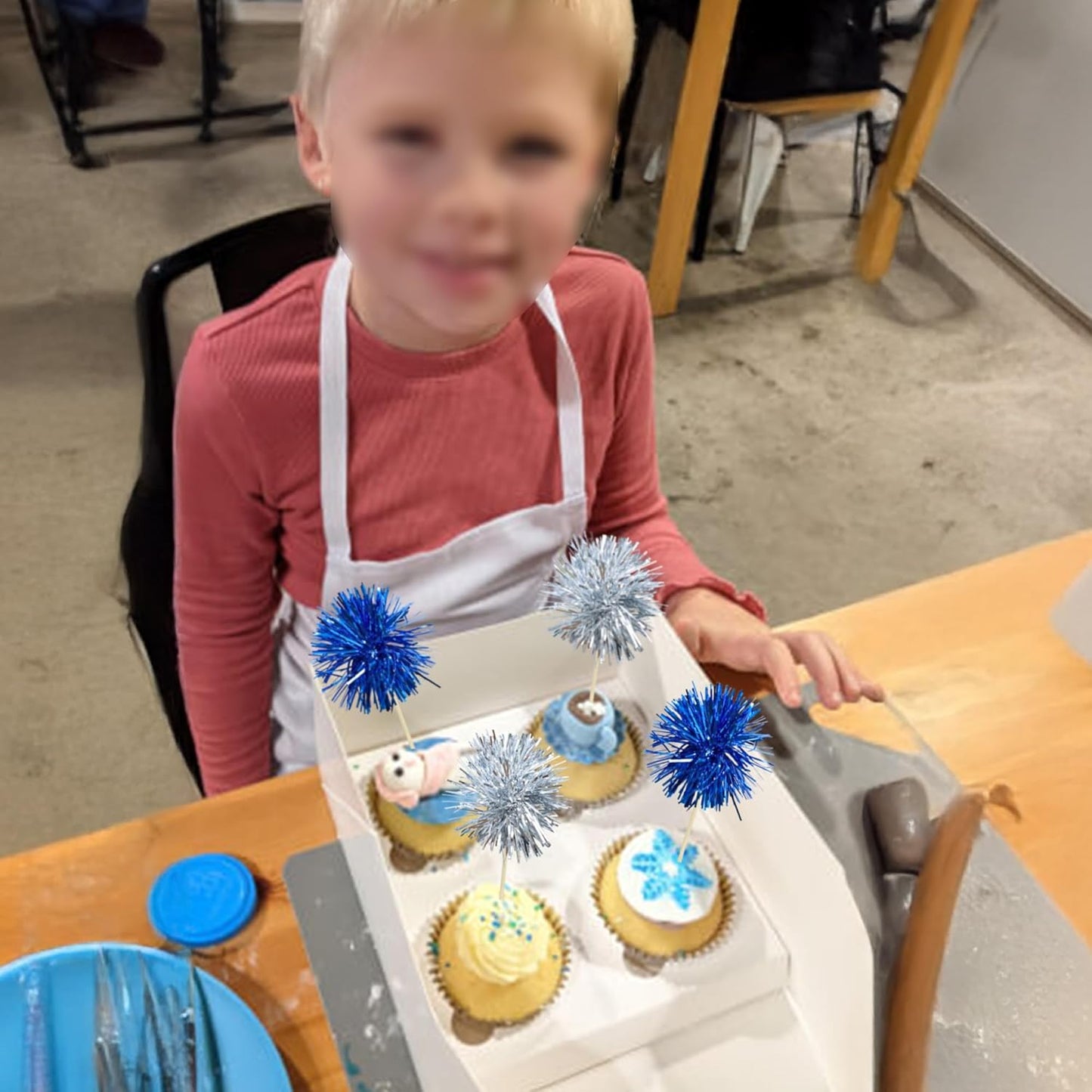 Ephlyn 30Pcs Foil Firework Cupcake Toppers Party Birthday Cake Toppers Supplies Sparkle Tinsel Cocktail Fruit Toothpick for Birthday Wedding Graduation Party Supplies Dark Blue Silver