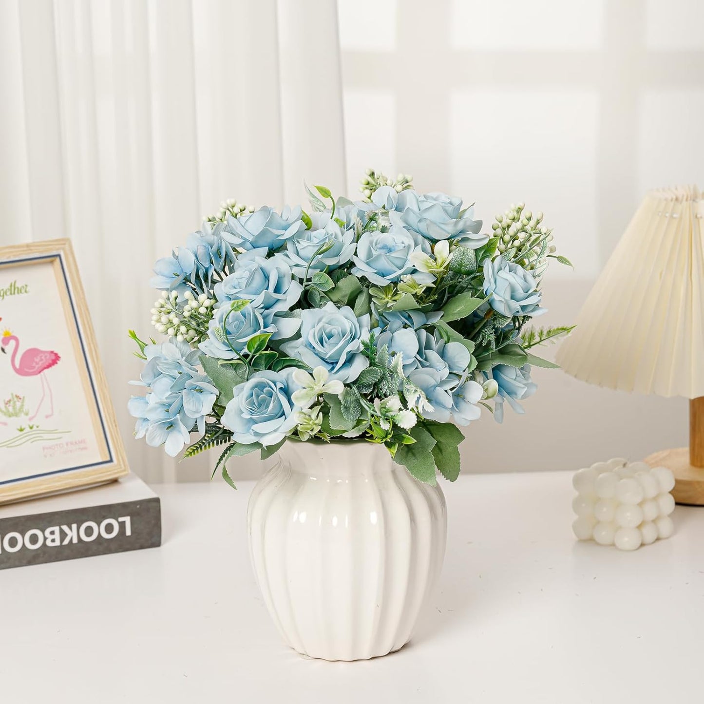 Artificial Flower 5 Branches Artificial Silk Fake Flowers Bouquet Small Roses for Wedding Home Office Tables Decor 2 Packs(Light Blue)